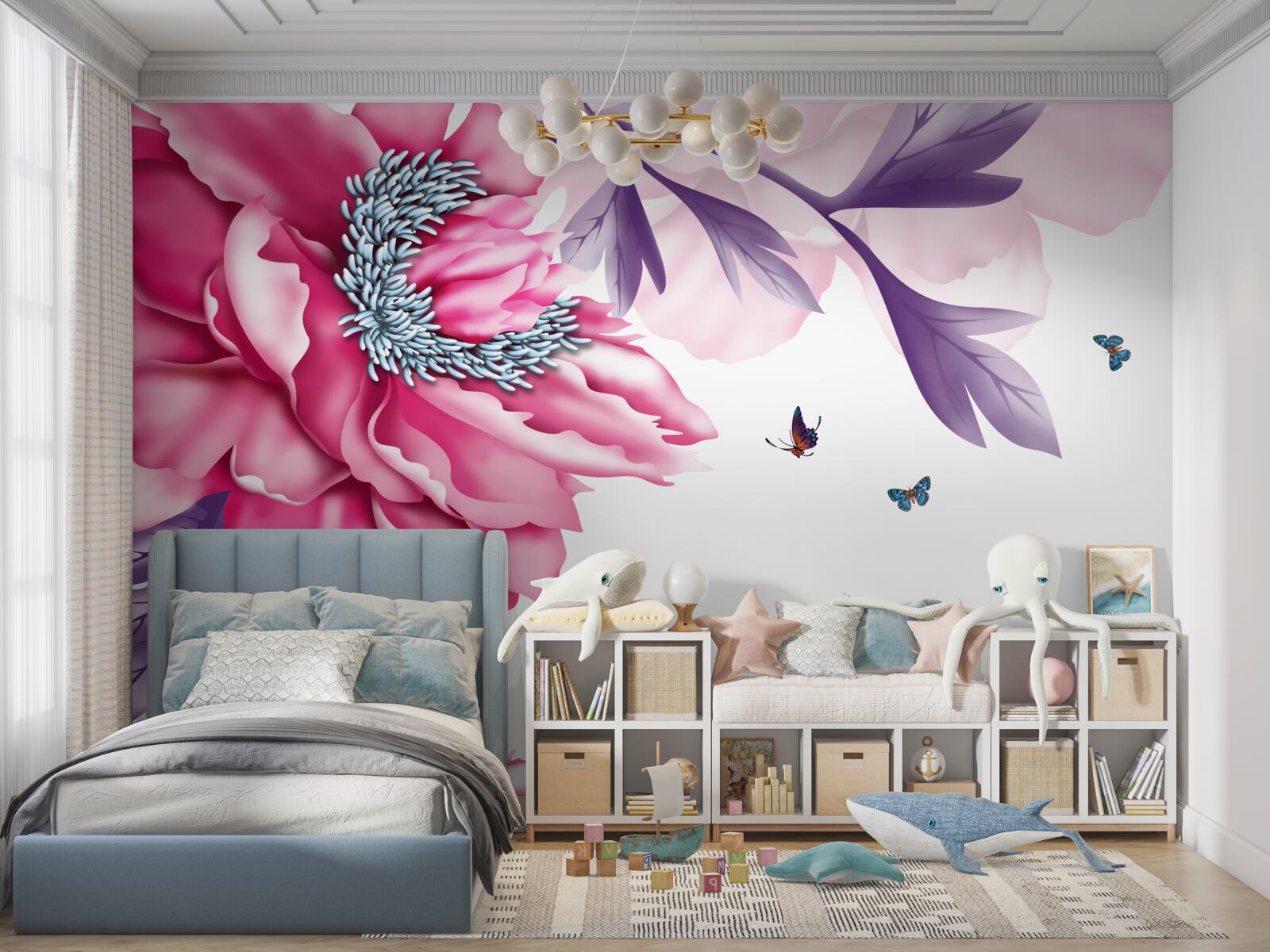 Fotobehang vlinders en roze bloemen op een achtergrond