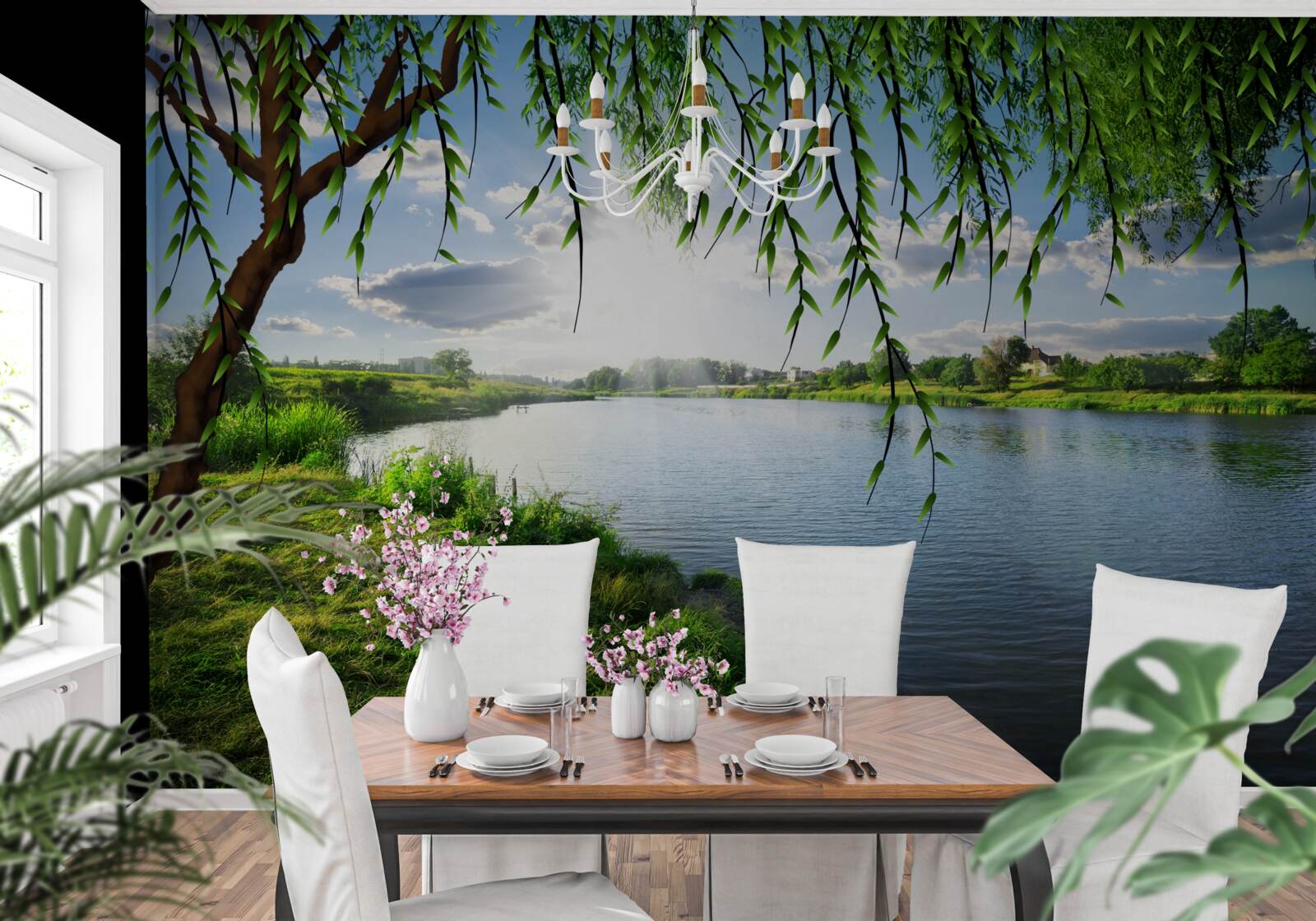 Fotobehang de schoonheid van de wilgenboom aan de oever van het kalme water