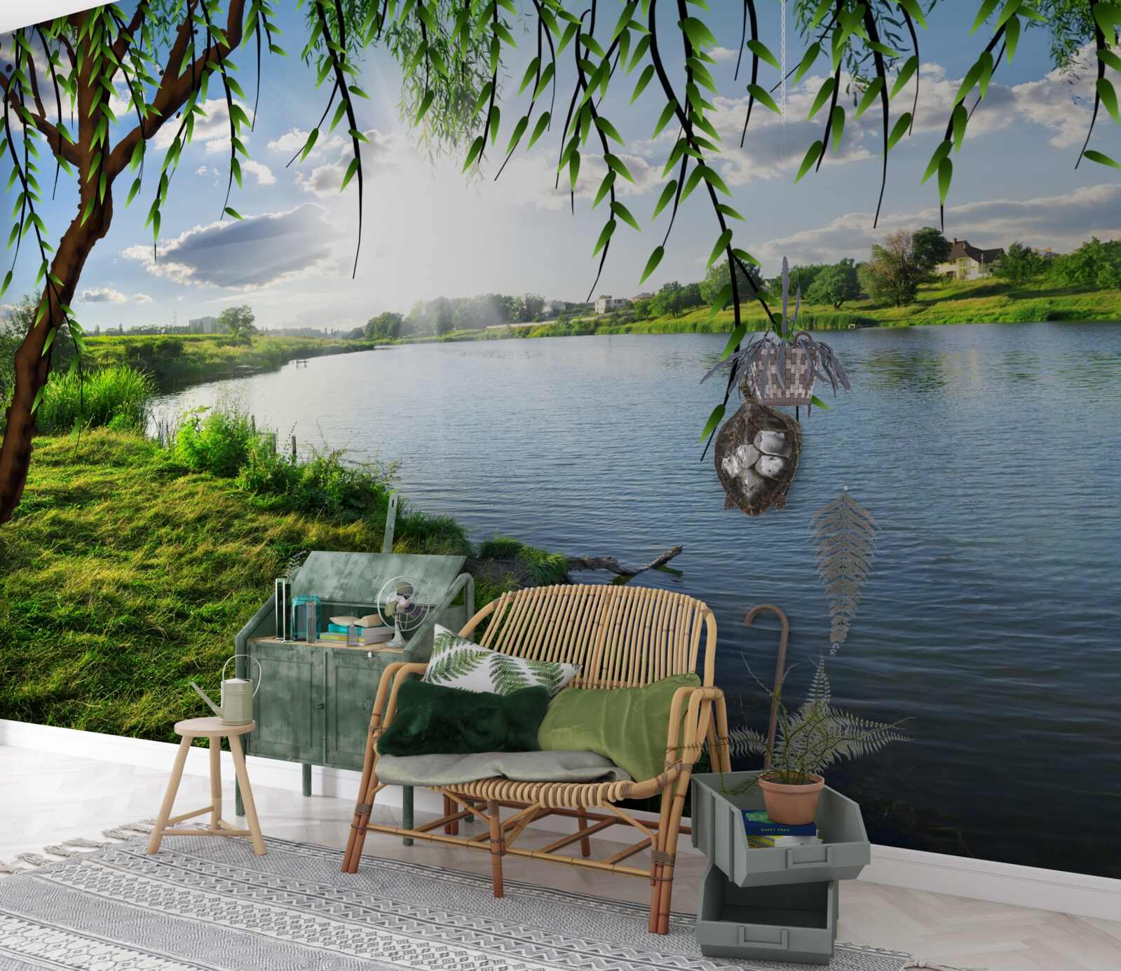 Fotobehang de schoonheid van de wilgenboom aan de oever van het kalme water