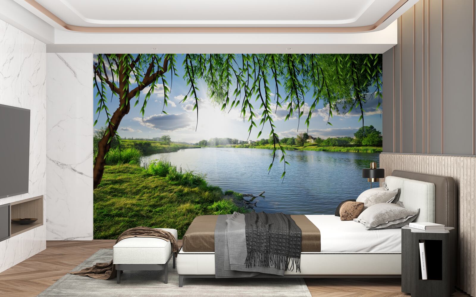 Fotobehang de schoonheid van de wilgenboom aan de oever van het kalme water