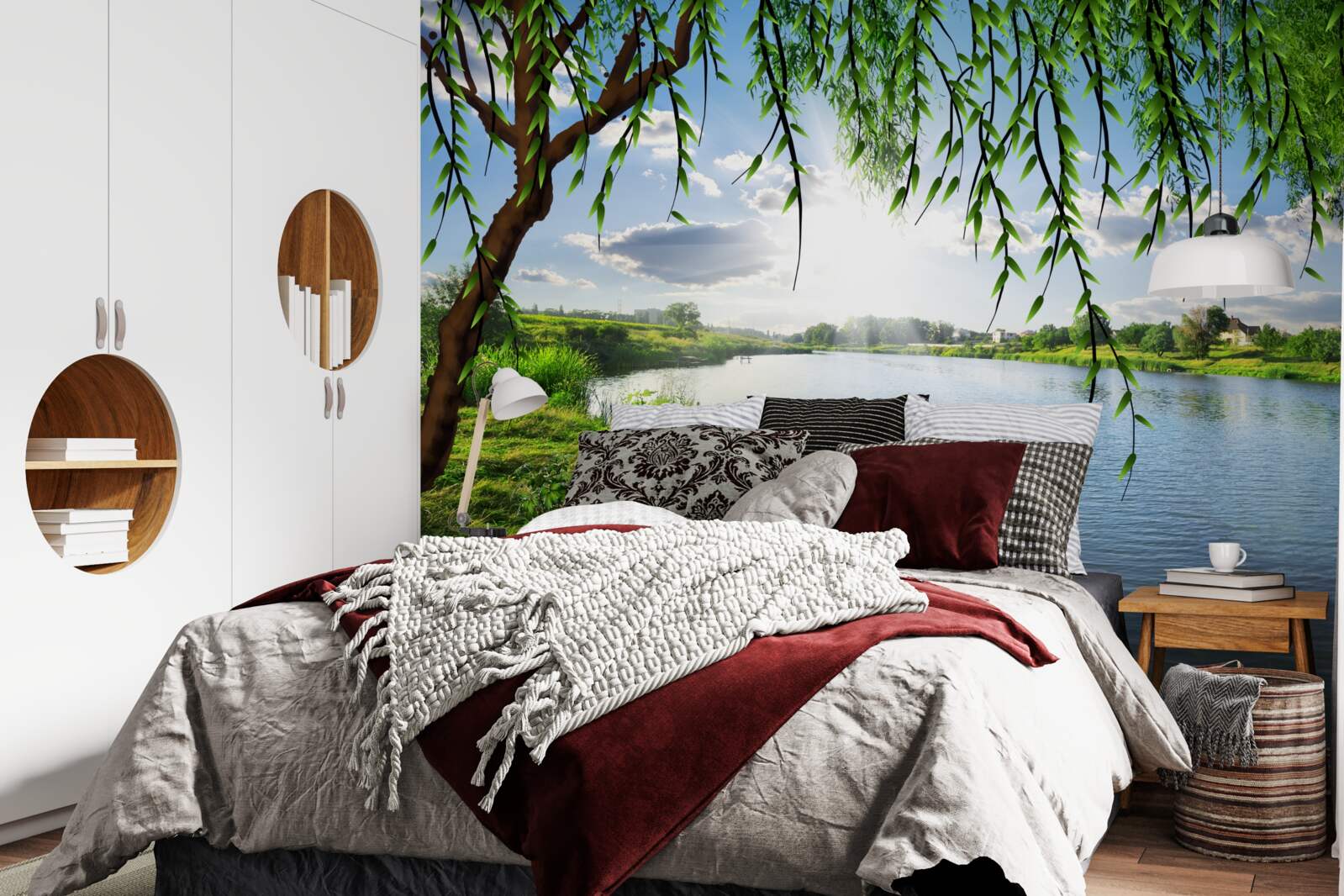 Fotobehang de schoonheid van de wilgenboom aan de oever van het kalme water