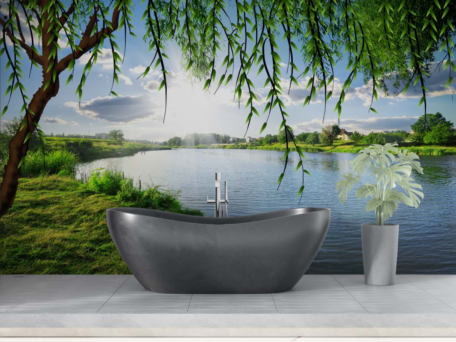 Fotobehang de schoonheid van de wilgenboom aan de oever van het kalme water