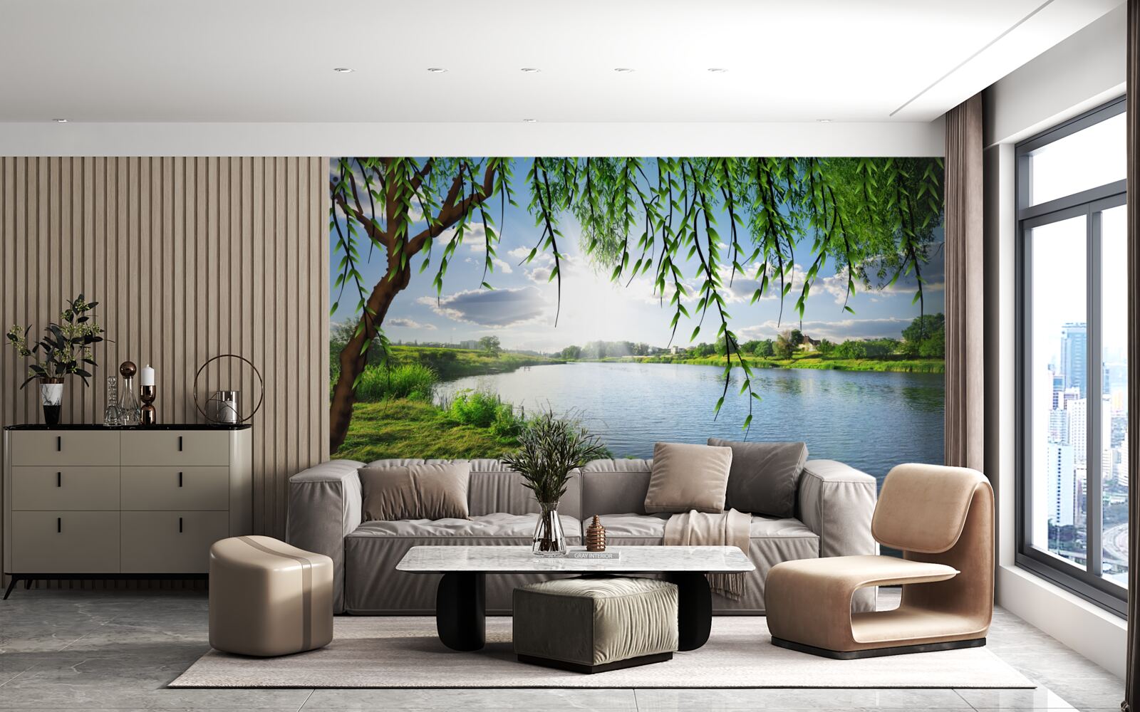 Fotobehang de schoonheid van de wilgenboom aan de oever van het kalme water