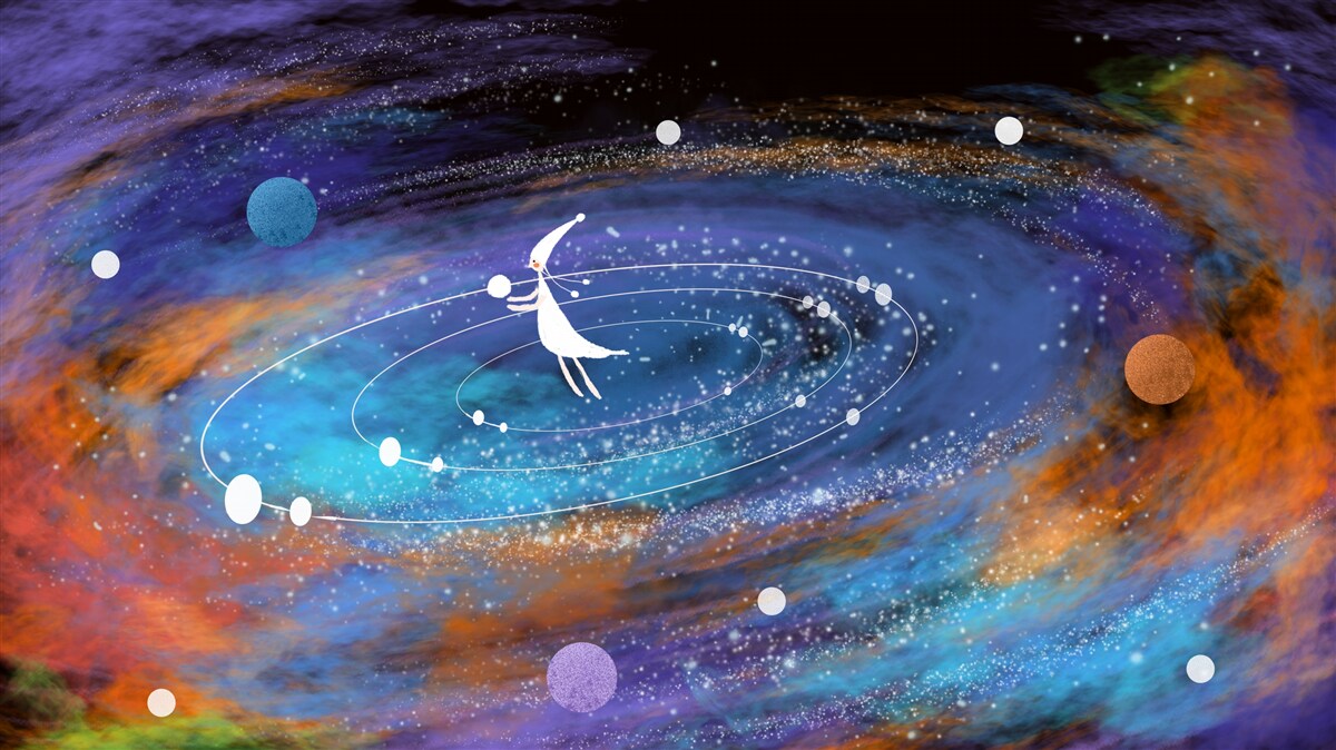 Fotobehang meisje omringd door planeten