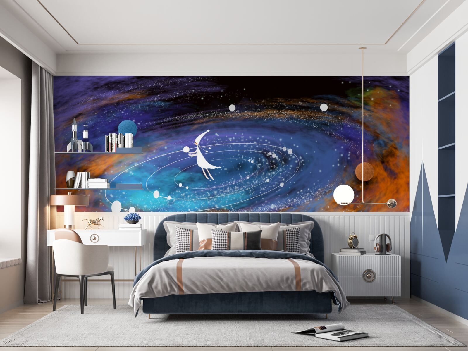 Fotobehang meisje omringd door planeten