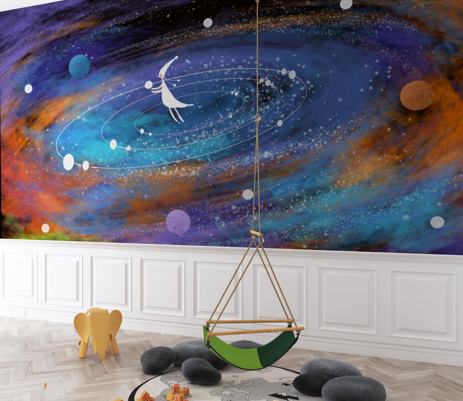 Fotobehang meisje omringd door planeten