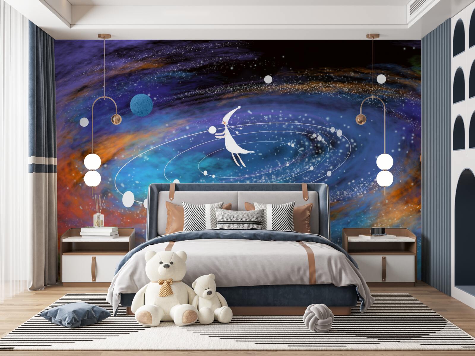 Fotobehang meisje omringd door planeten