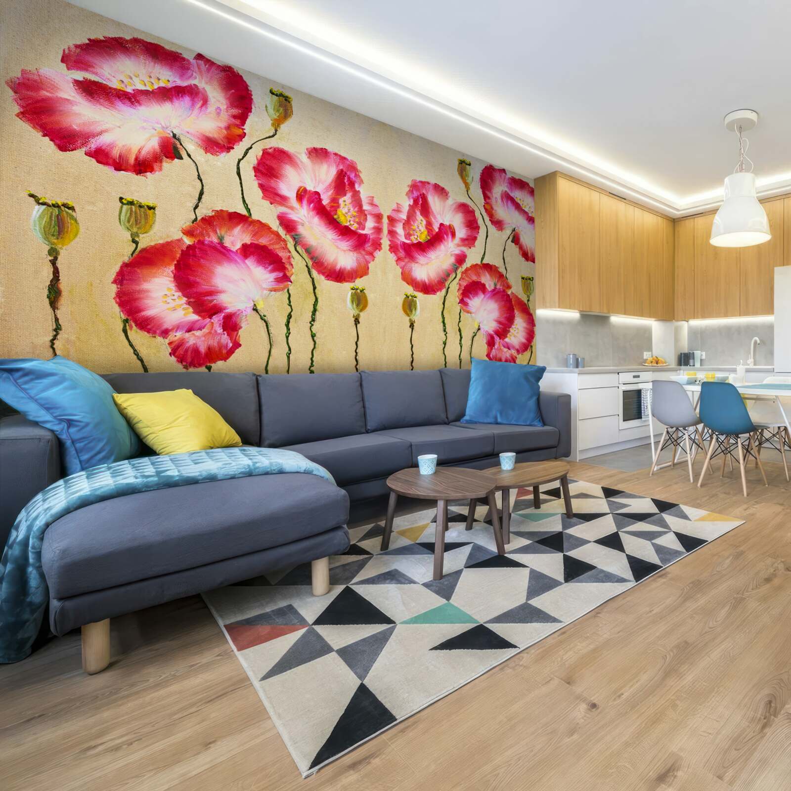 Fotobehang knoppen en bloemen van klaprozen in rode en witte tinten