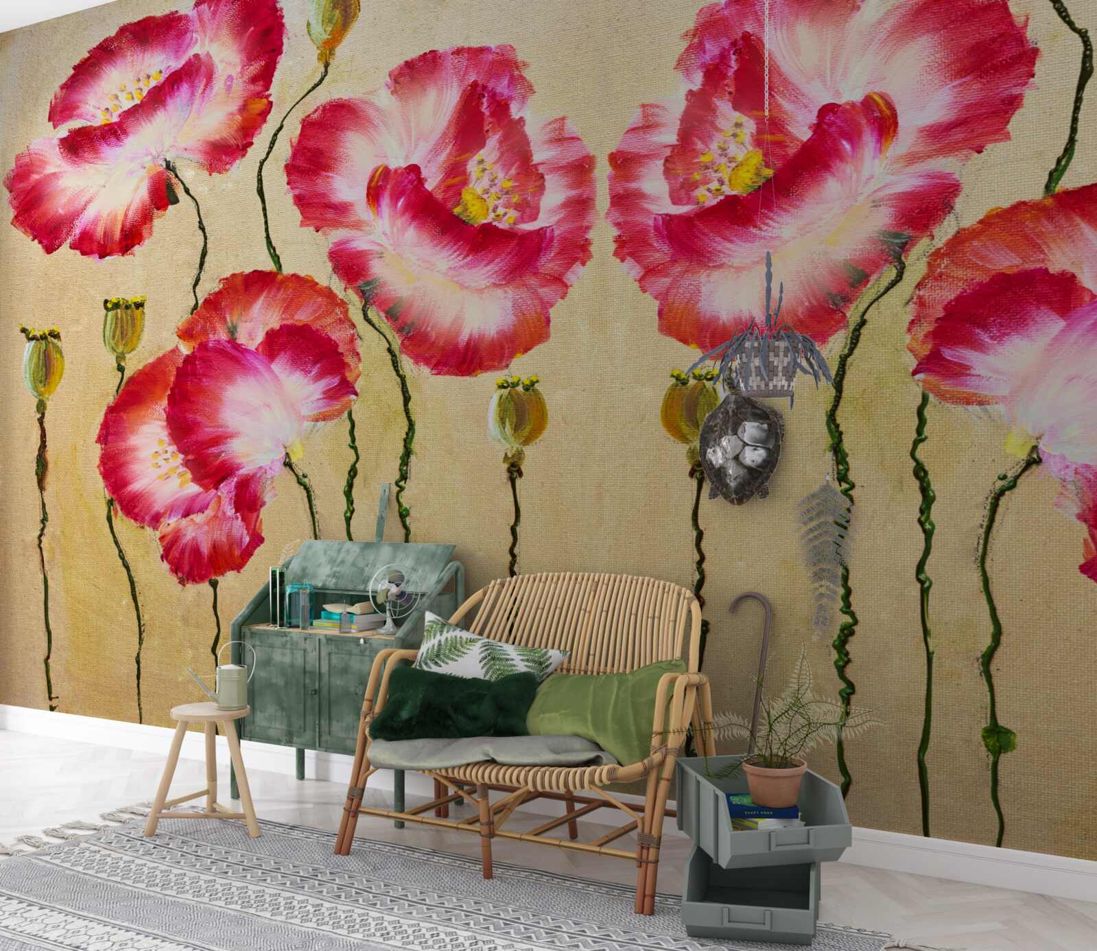 Fotobehang knoppen en bloemen van klaprozen in rode en witte tinten