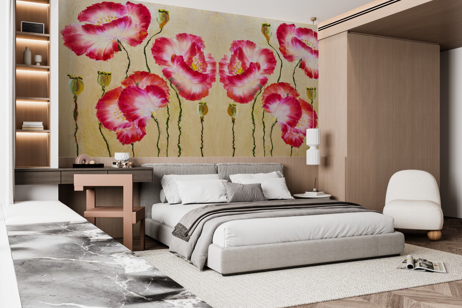 Fotobehang knoppen en bloemen van klaprozen in rode en witte tinten