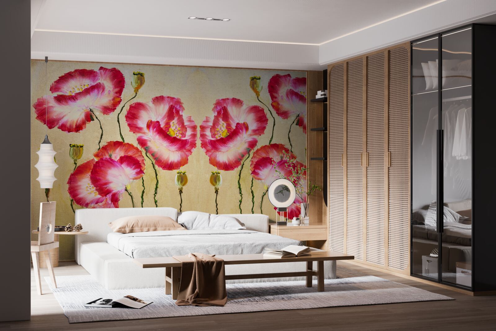 Fotobehang knoppen en bloemen van klaprozen in rode en witte tinten