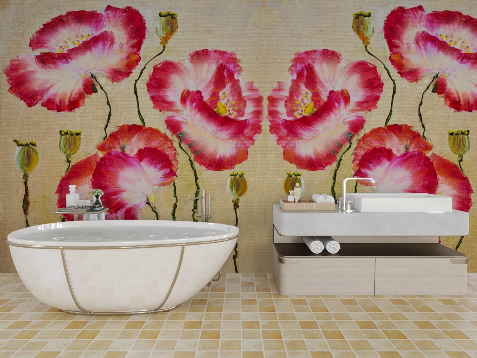 Fotobehang knoppen en bloemen van klaprozen in rode en witte tinten