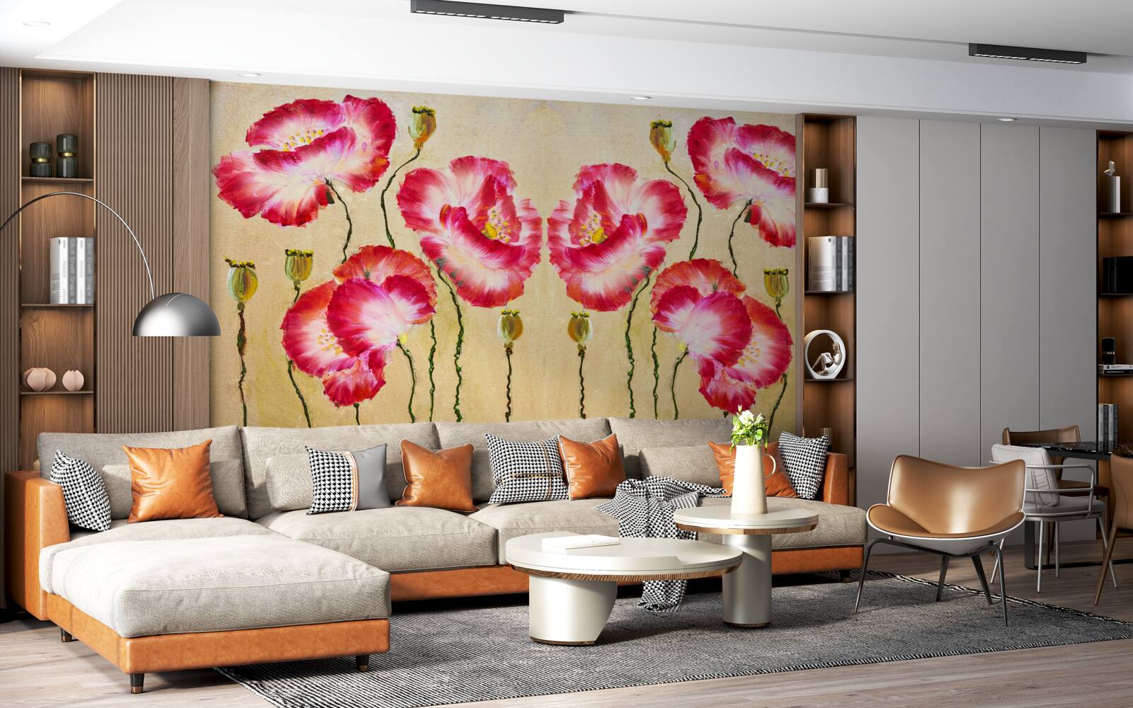 Fotobehang knoppen en bloemen van klaprozen in rode en witte tinten