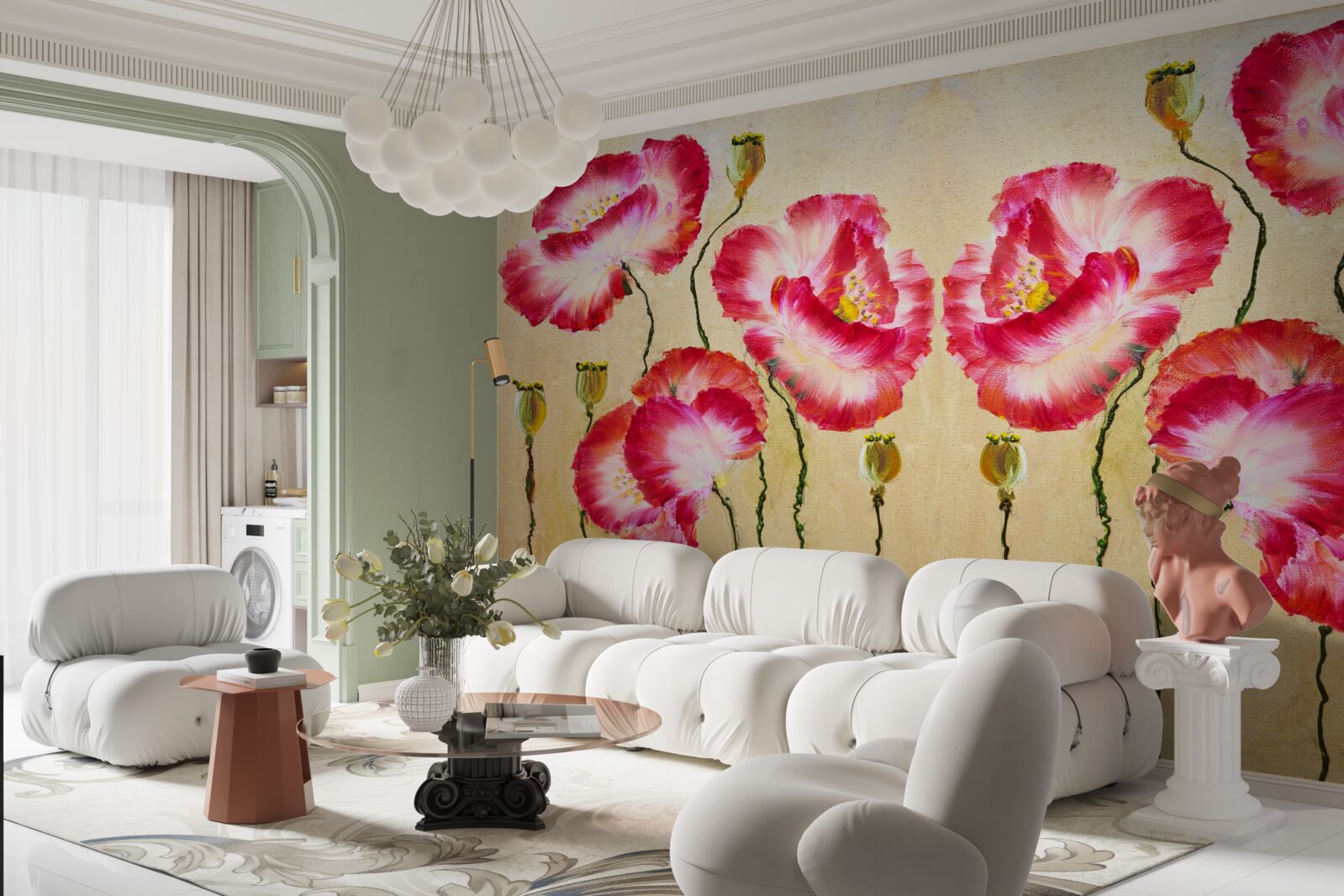 Fotobehang knoppen en bloemen van klaprozen in rode en witte tinten