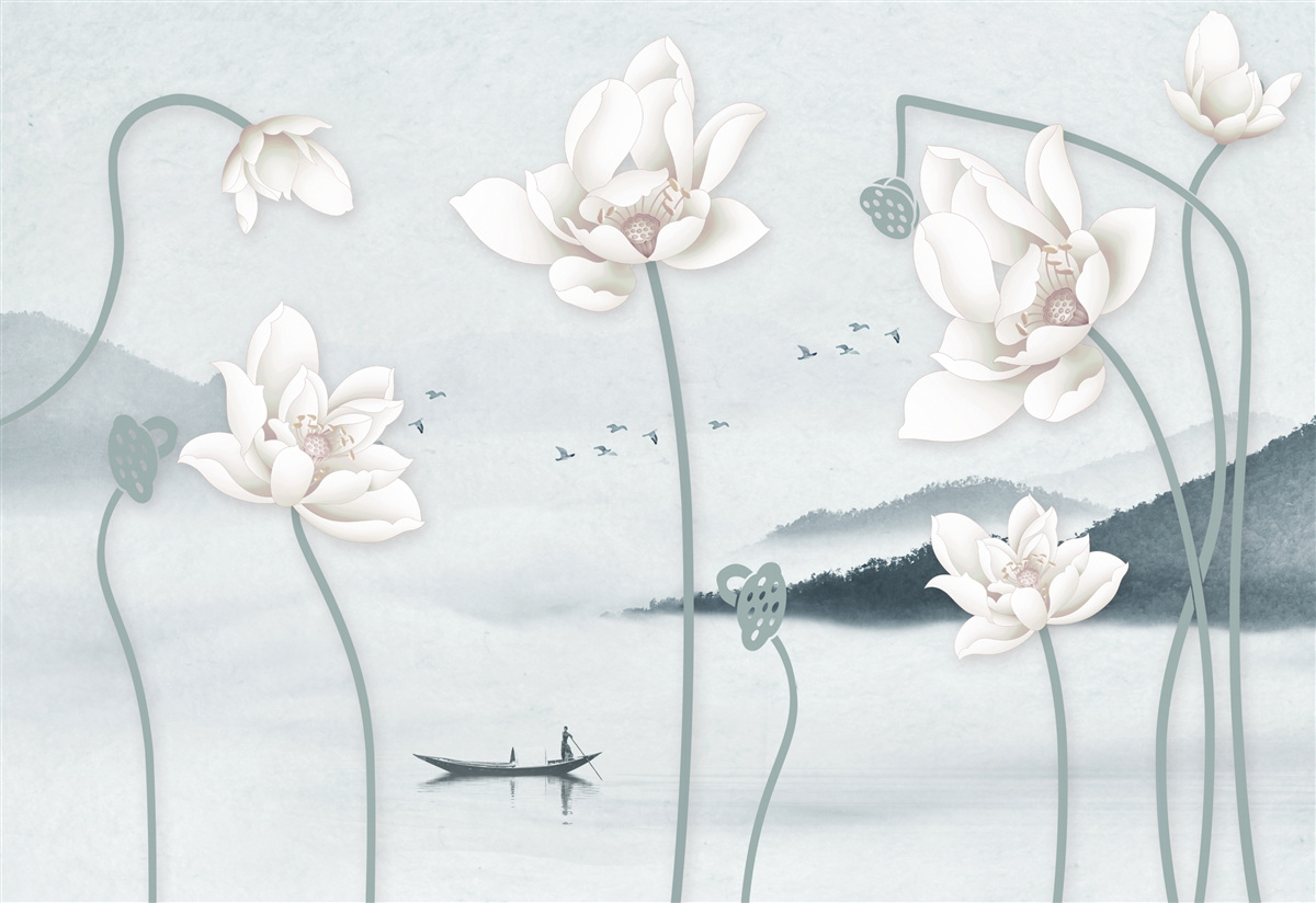 Fotobehang Boot met visser en sneeuwwitte bloemen