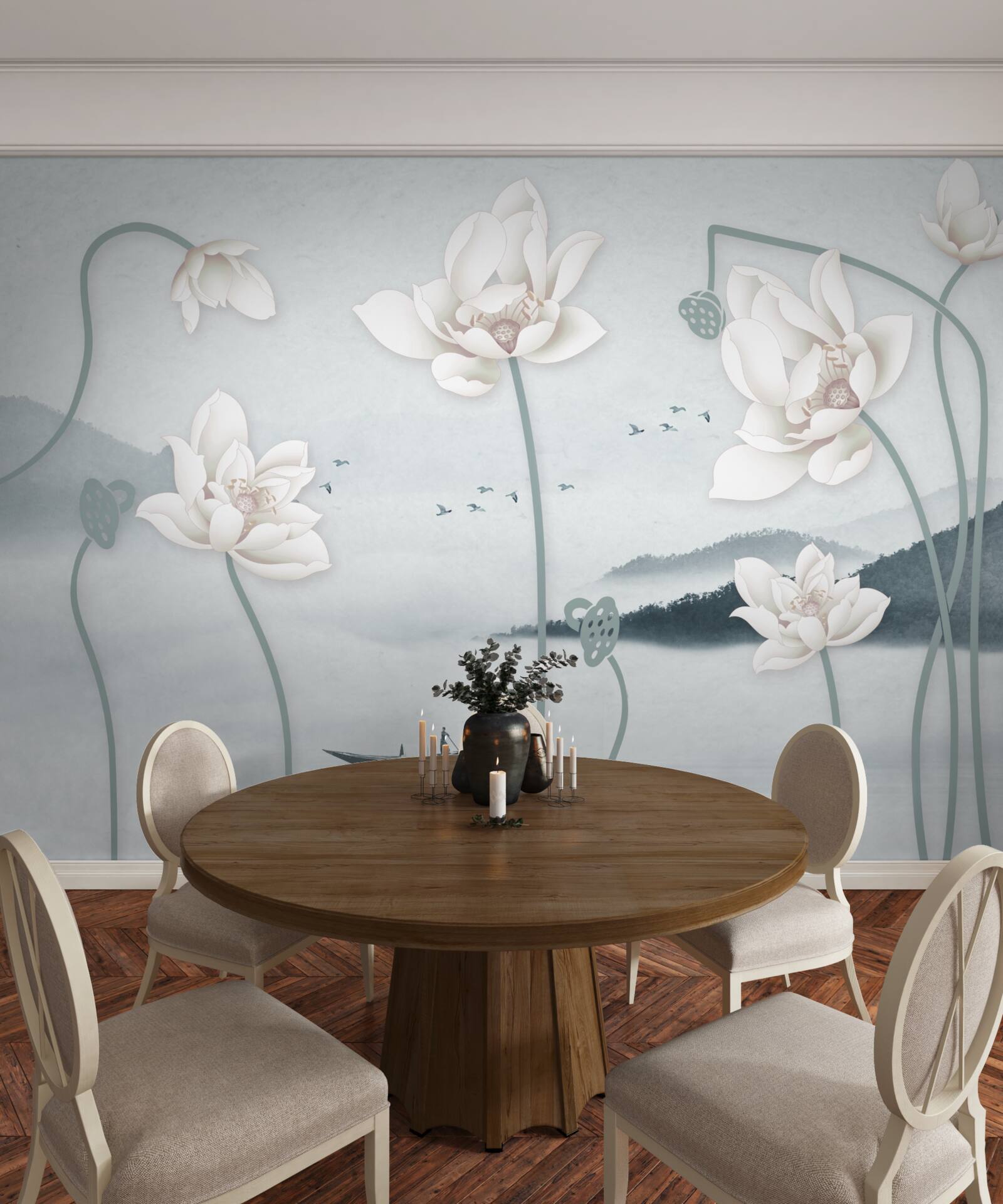 Fotobehang Boot met visser en sneeuwwitte bloemen