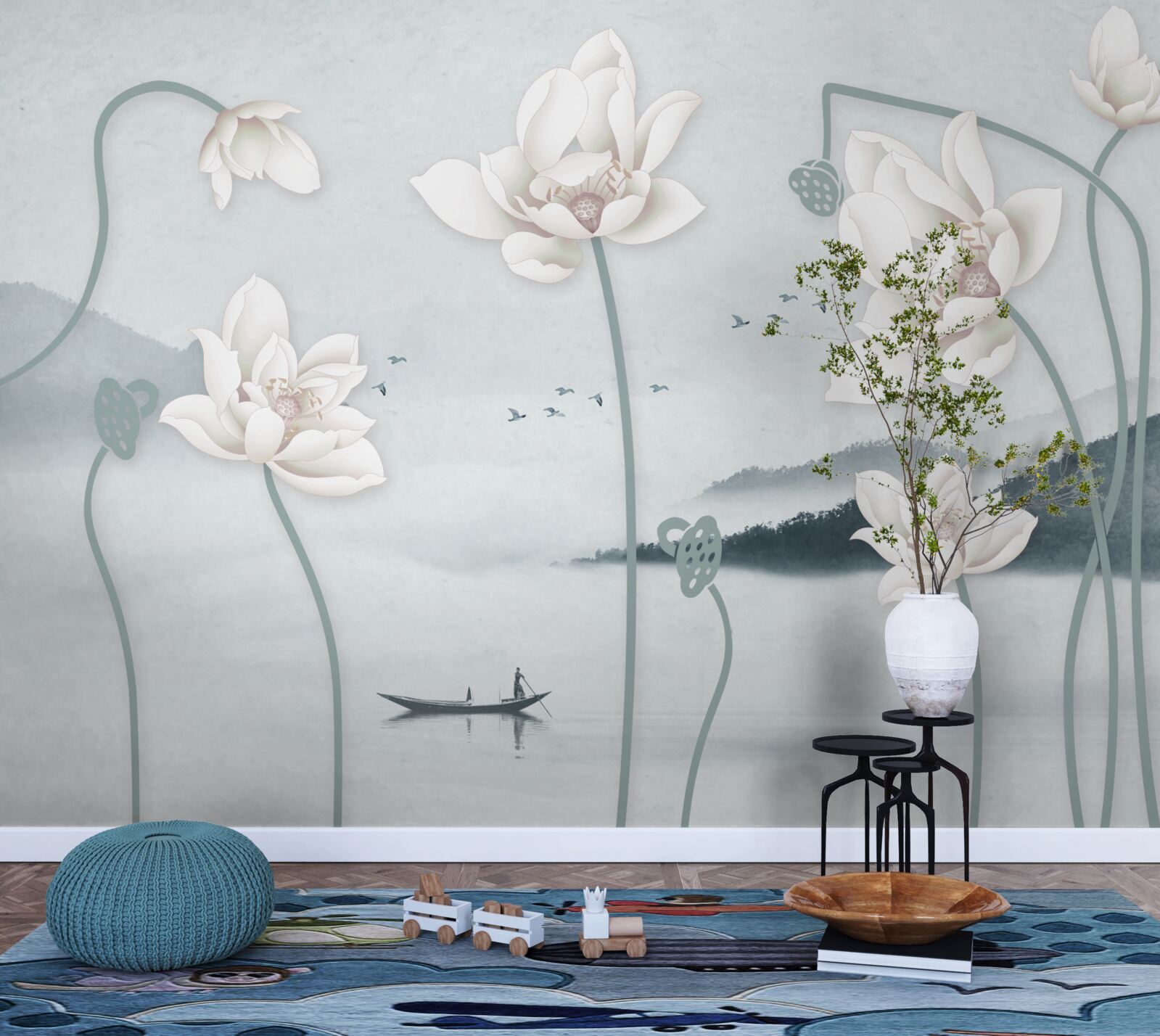 Fotobehang Boot met visser en sneeuwwitte bloemen