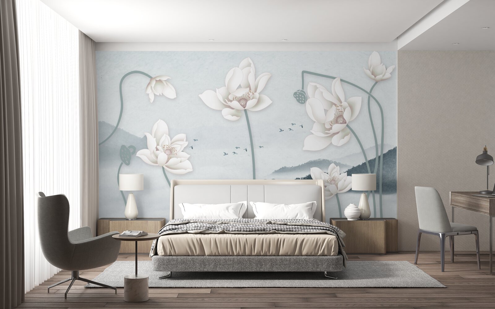 Fotobehang Boot met visser en sneeuwwitte bloemen