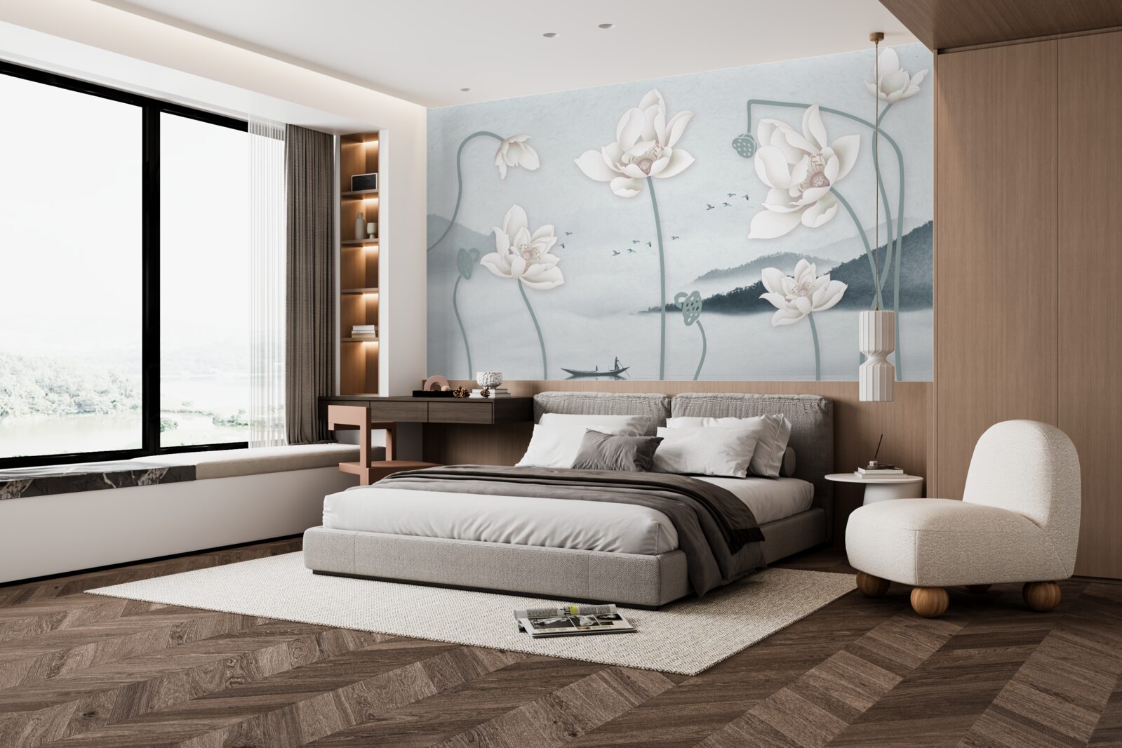 Fotobehang Boot met visser en sneeuwwitte bloemen