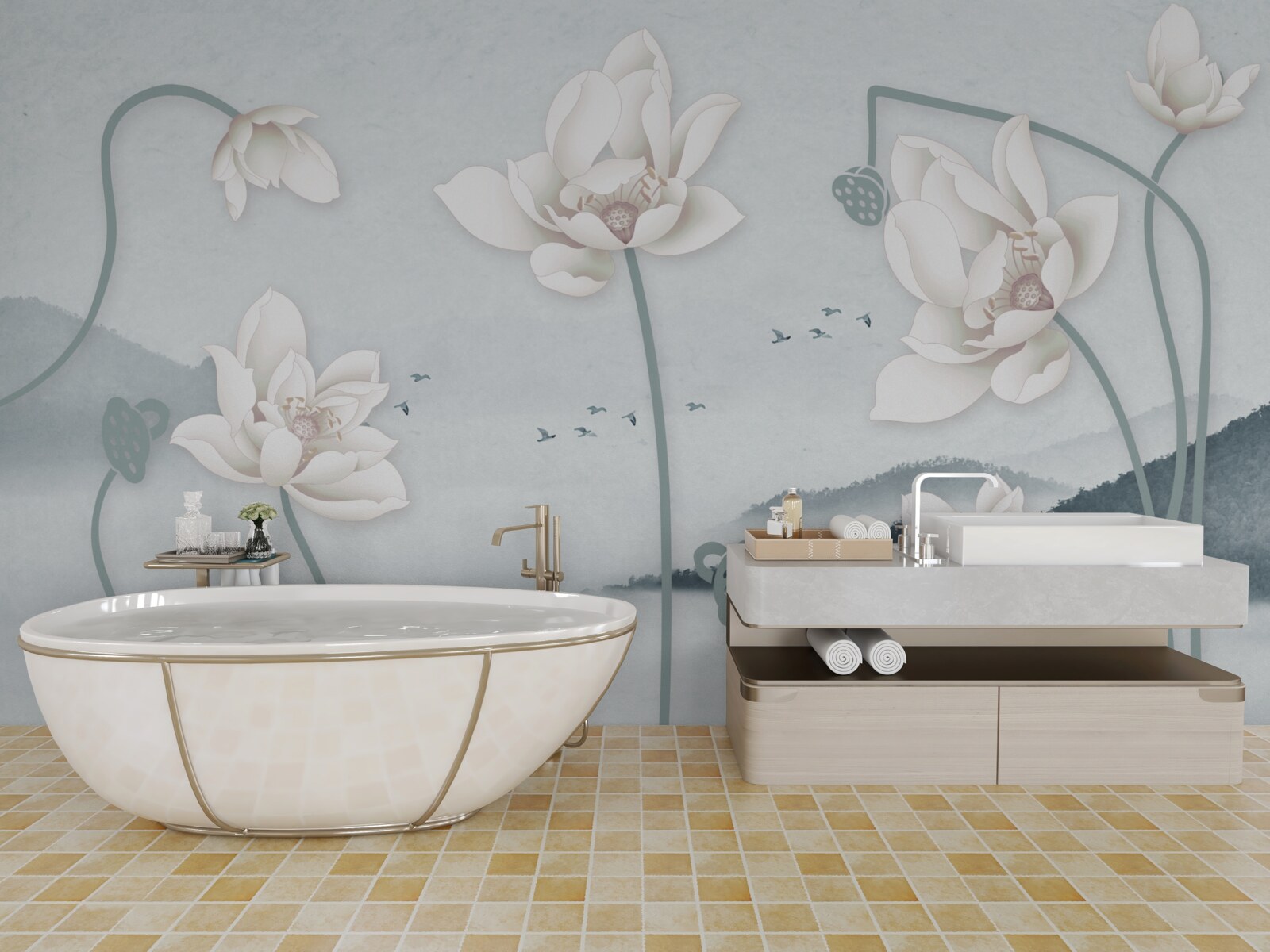 Fotobehang Boot met visser en sneeuwwitte bloemen