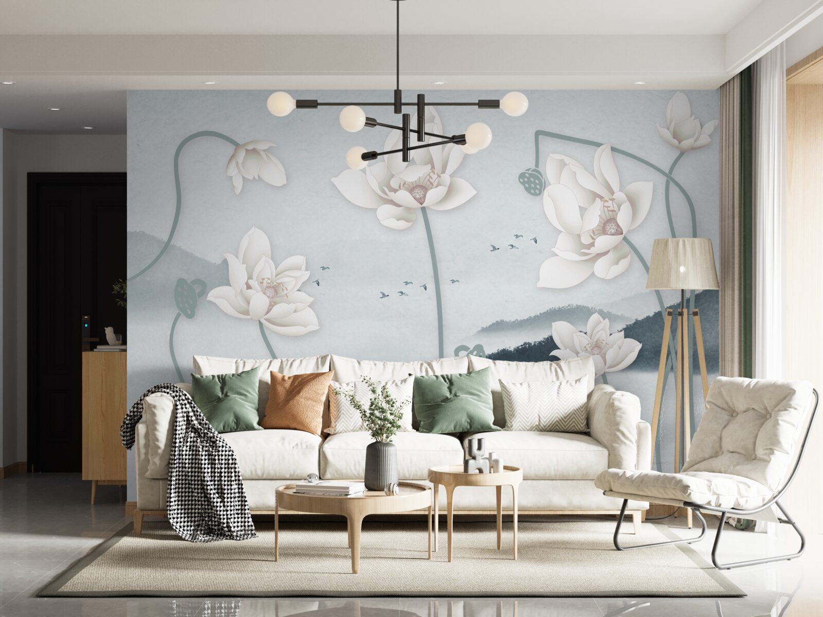 Fotobehang Boot met visser en sneeuwwitte bloemen