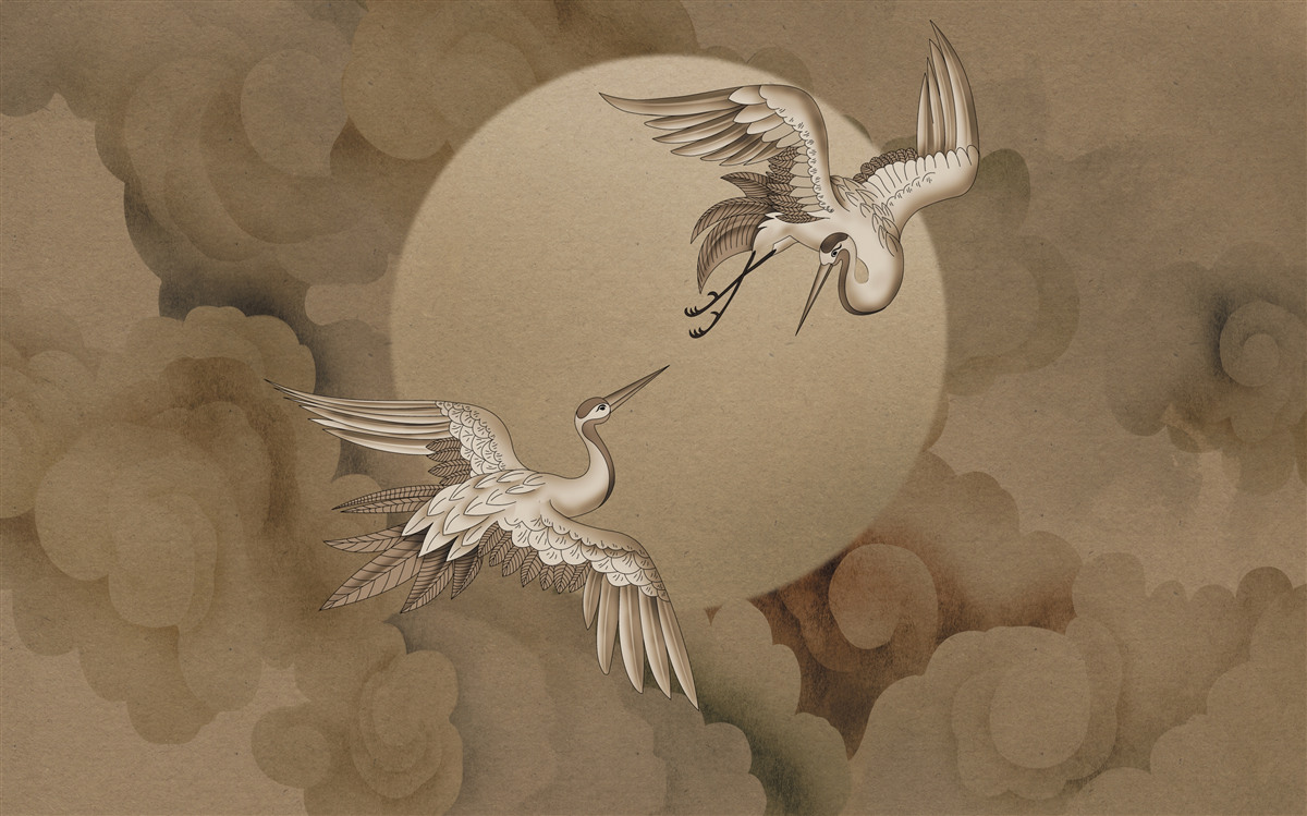 Fotobehang kraanvogel dans onder de wolken