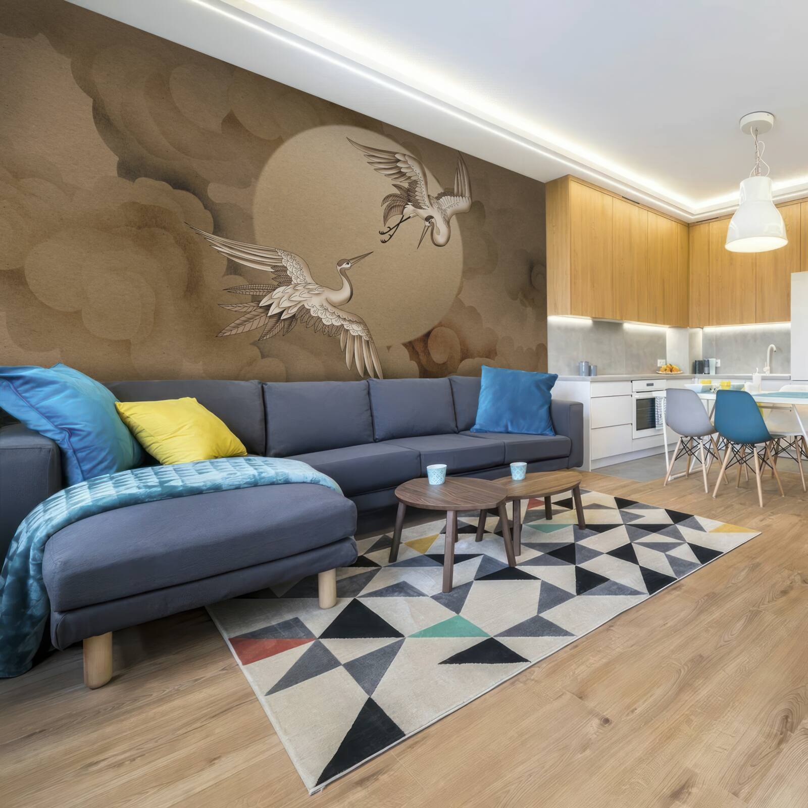 Fotobehang kraanvogel dans onder de wolken