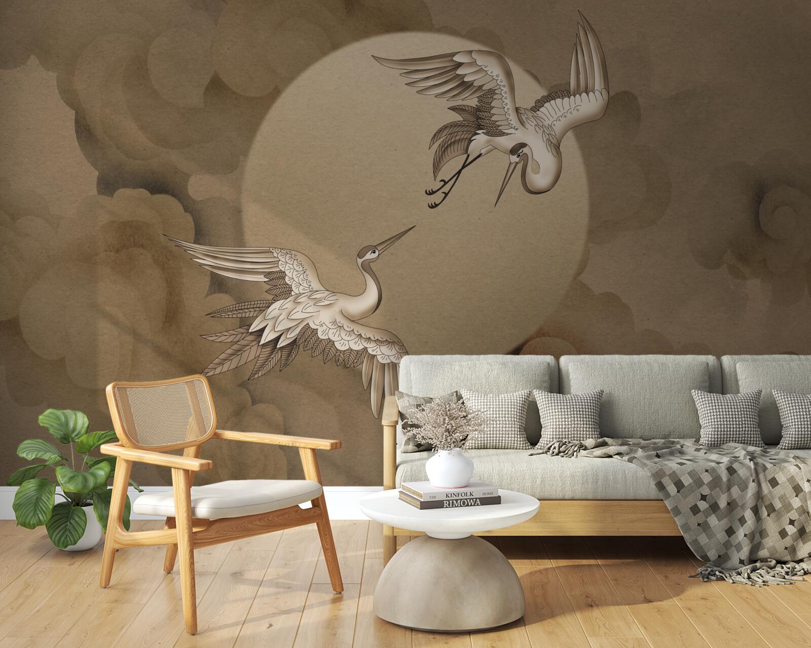 Fotobehang kraanvogel dans onder de wolken