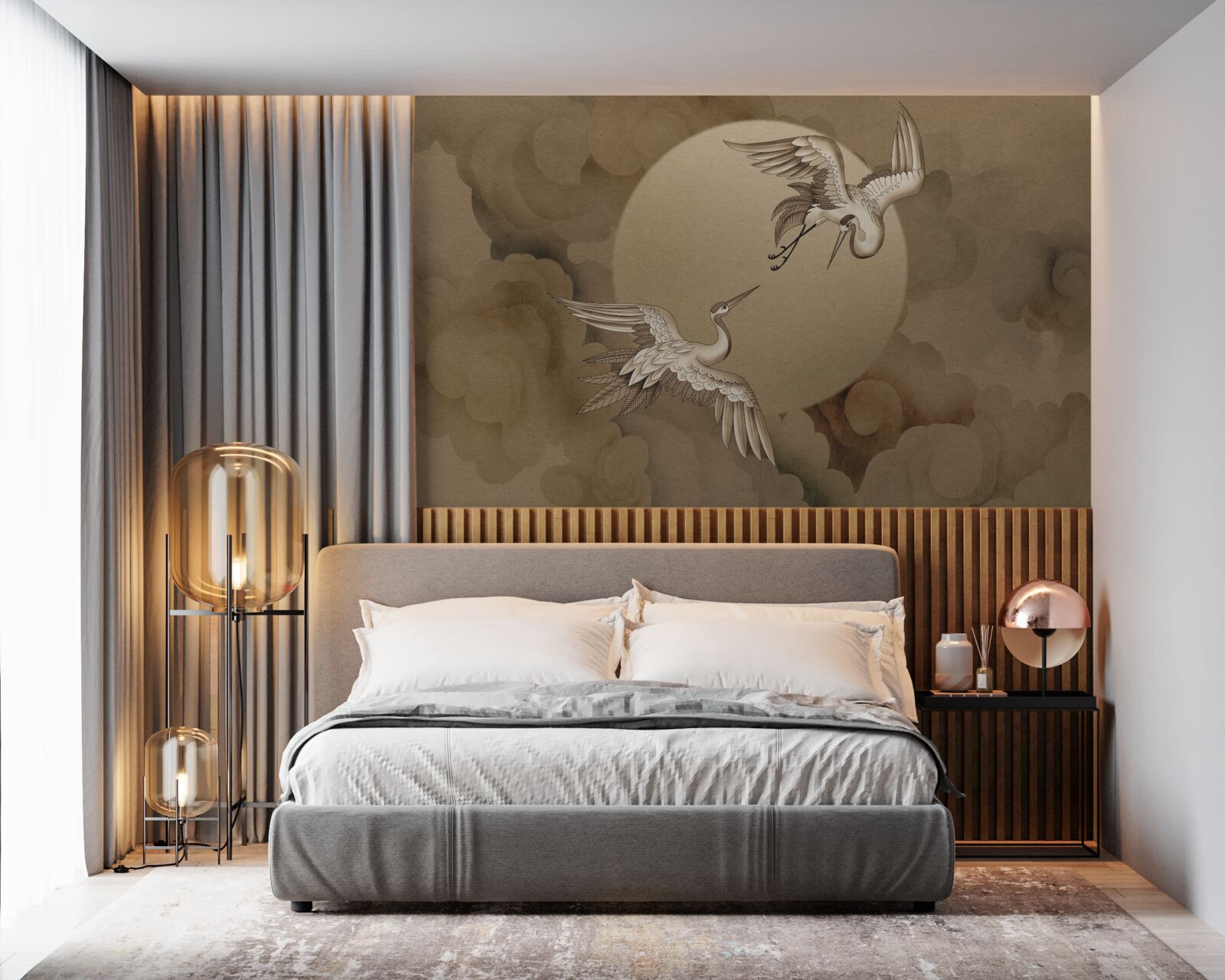 Fotobehang kraanvogel dans onder de wolken