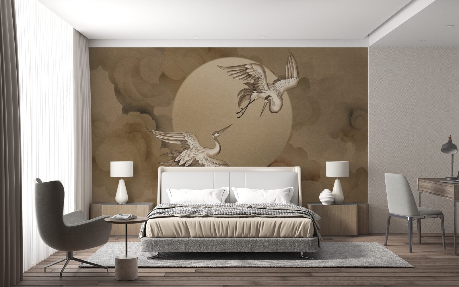 Fotobehang kraanvogel dans onder de wolken