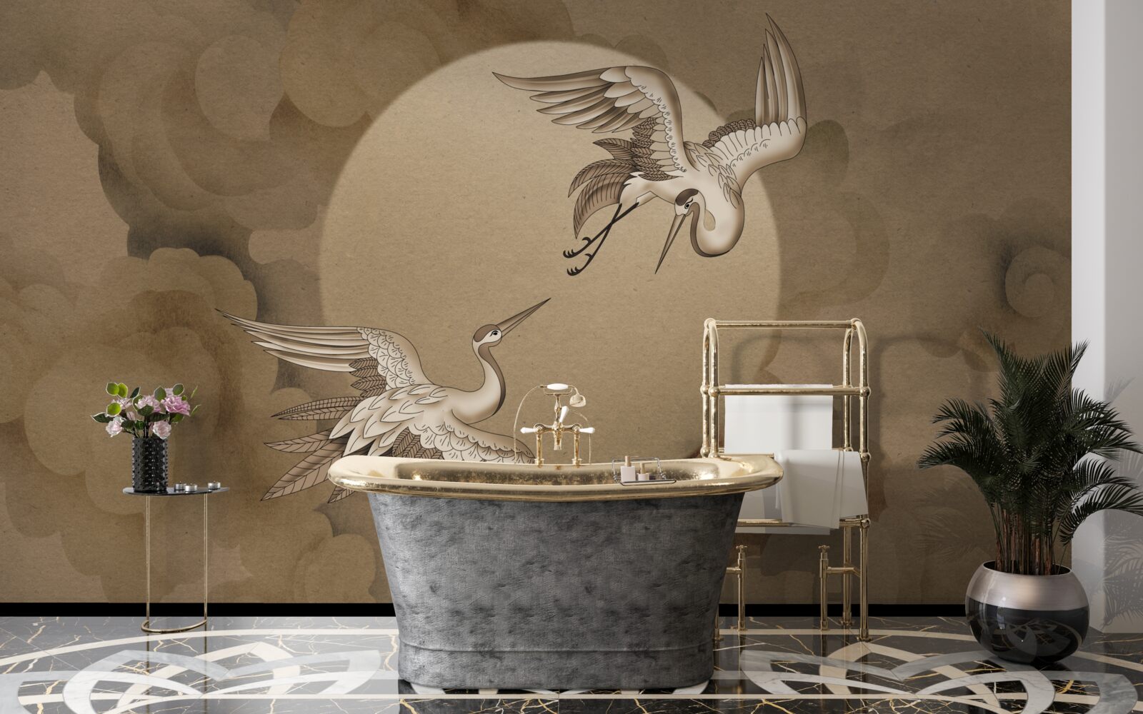 Fotobehang kraanvogel dans onder de wolken