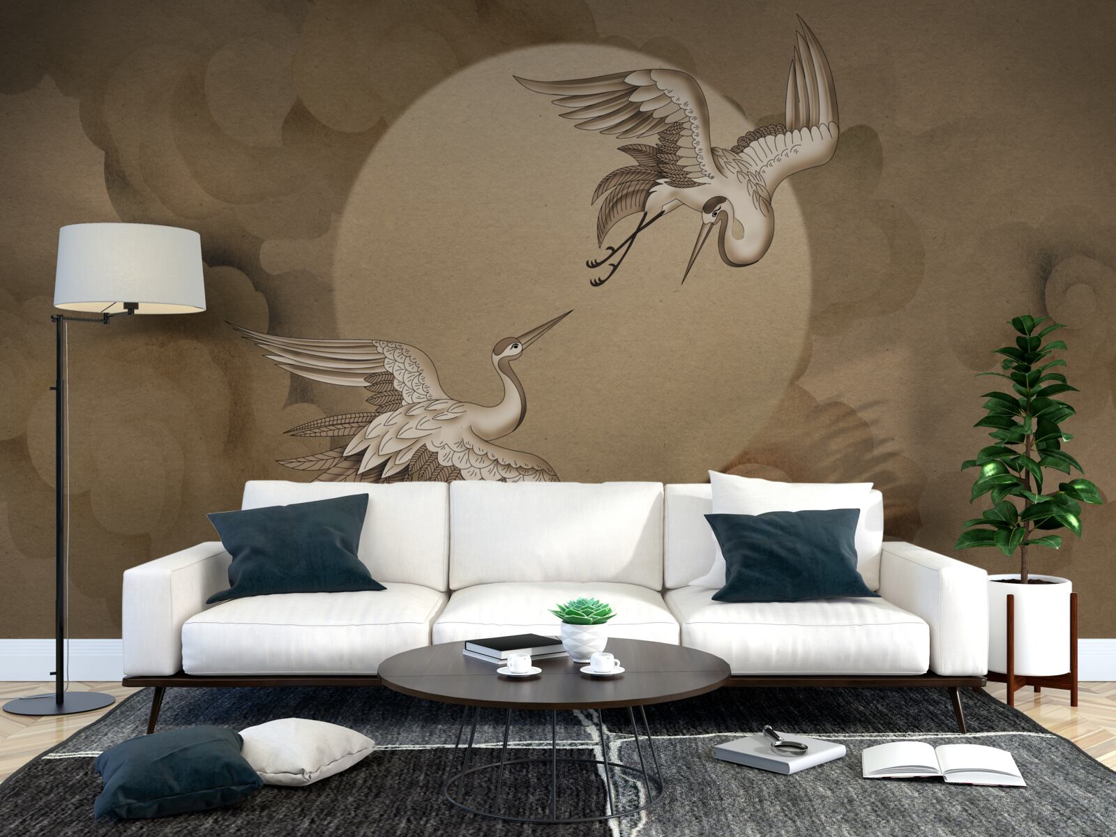 Fotobehang kraanvogel dans onder de wolken