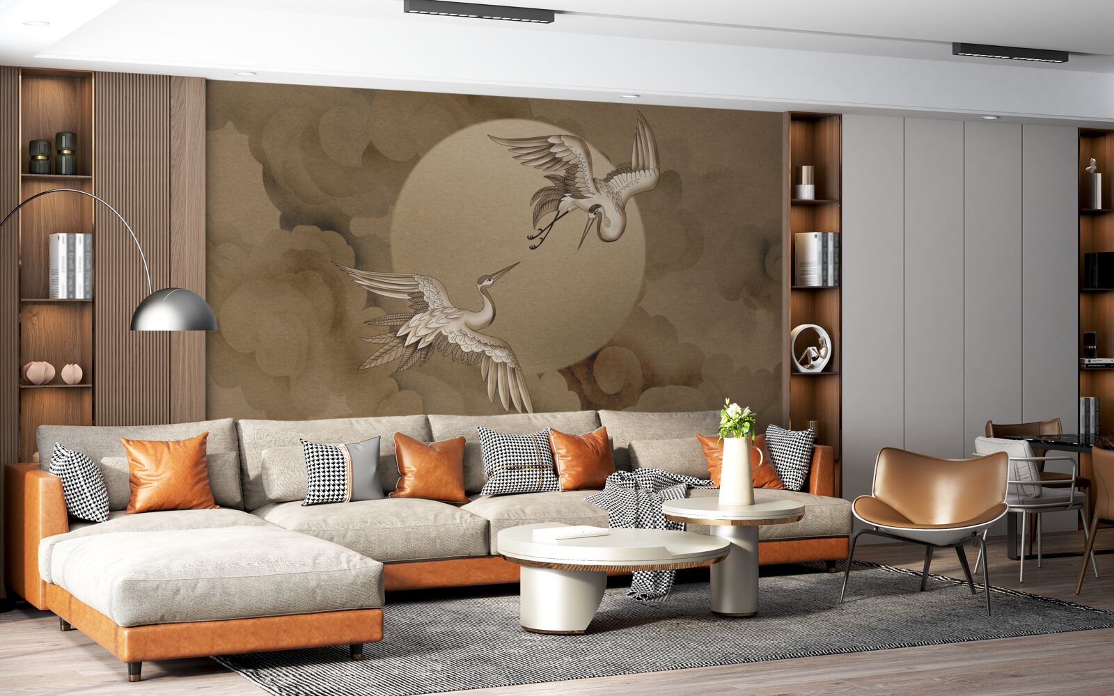 Fotobehang kraanvogel dans onder de wolken