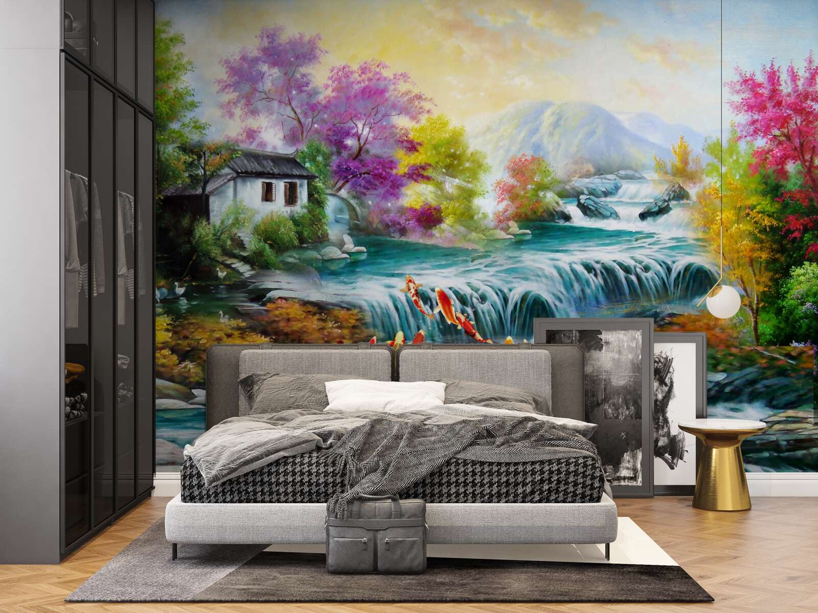 Fotobehang een waterval dondert door het huis in de herfst