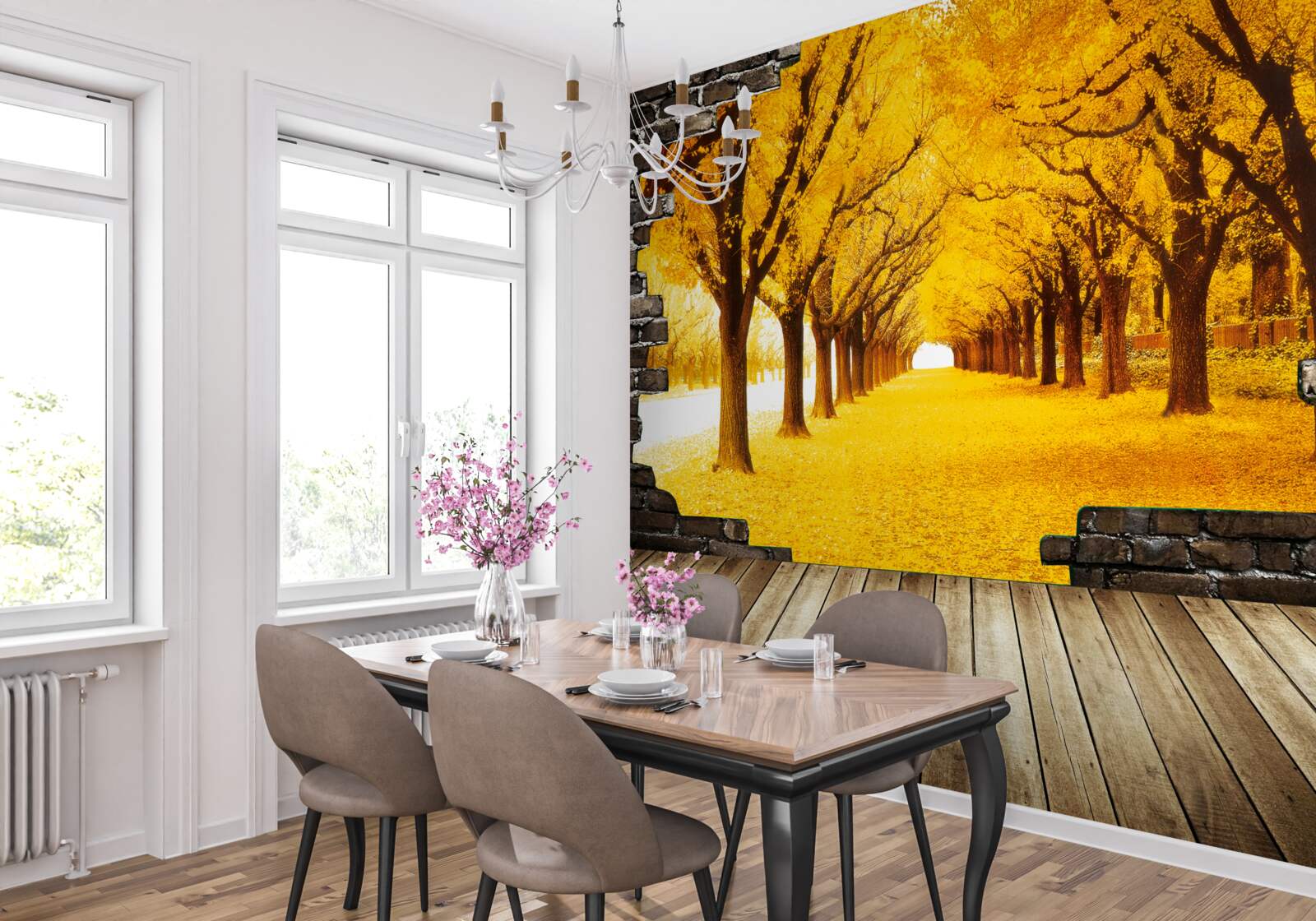 Fotobehang de laan was bedekt met gele bladeren