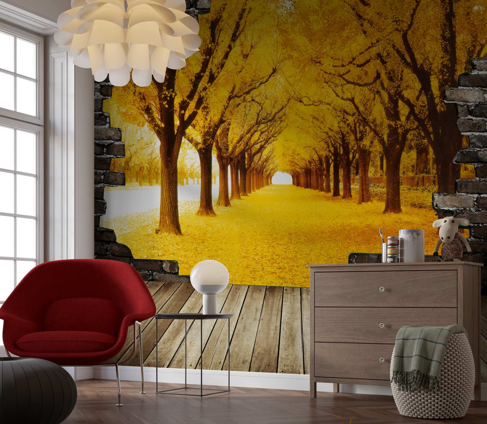 Fotobehang de laan was bedekt met gele bladeren