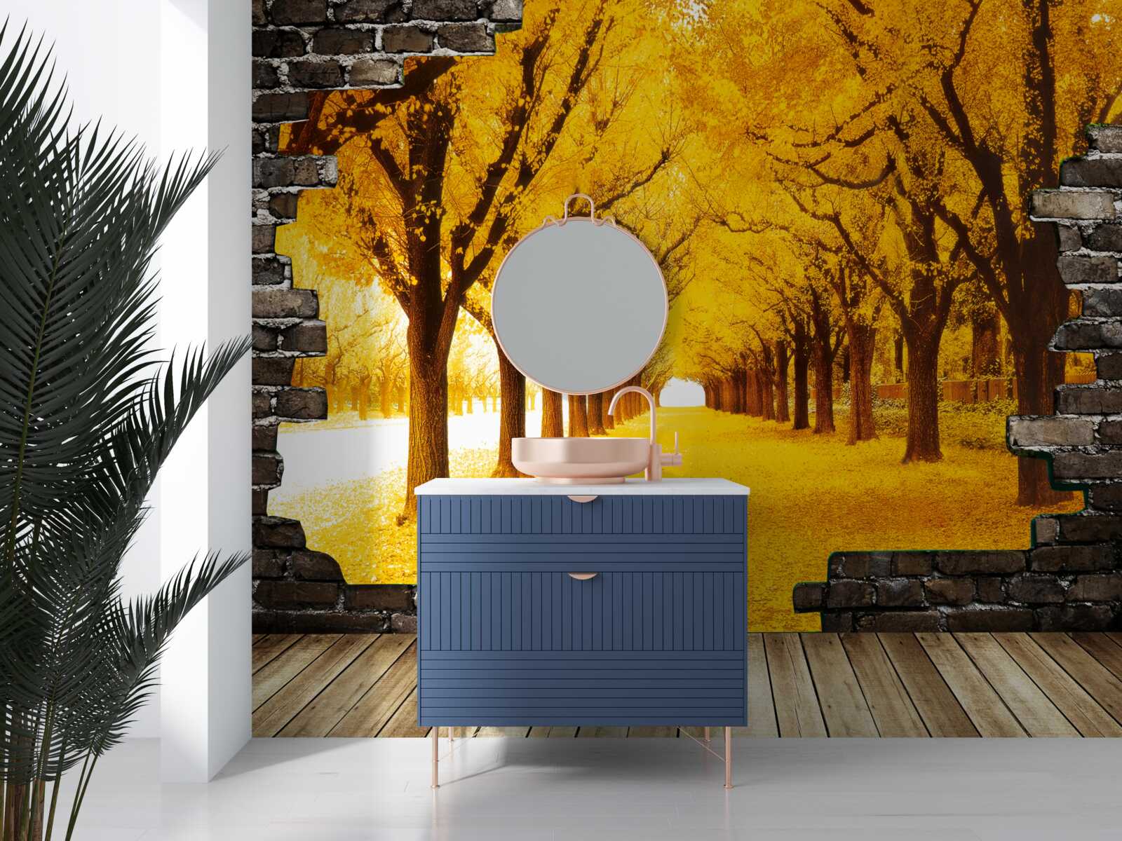 Fotobehang de laan was bedekt met gele bladeren