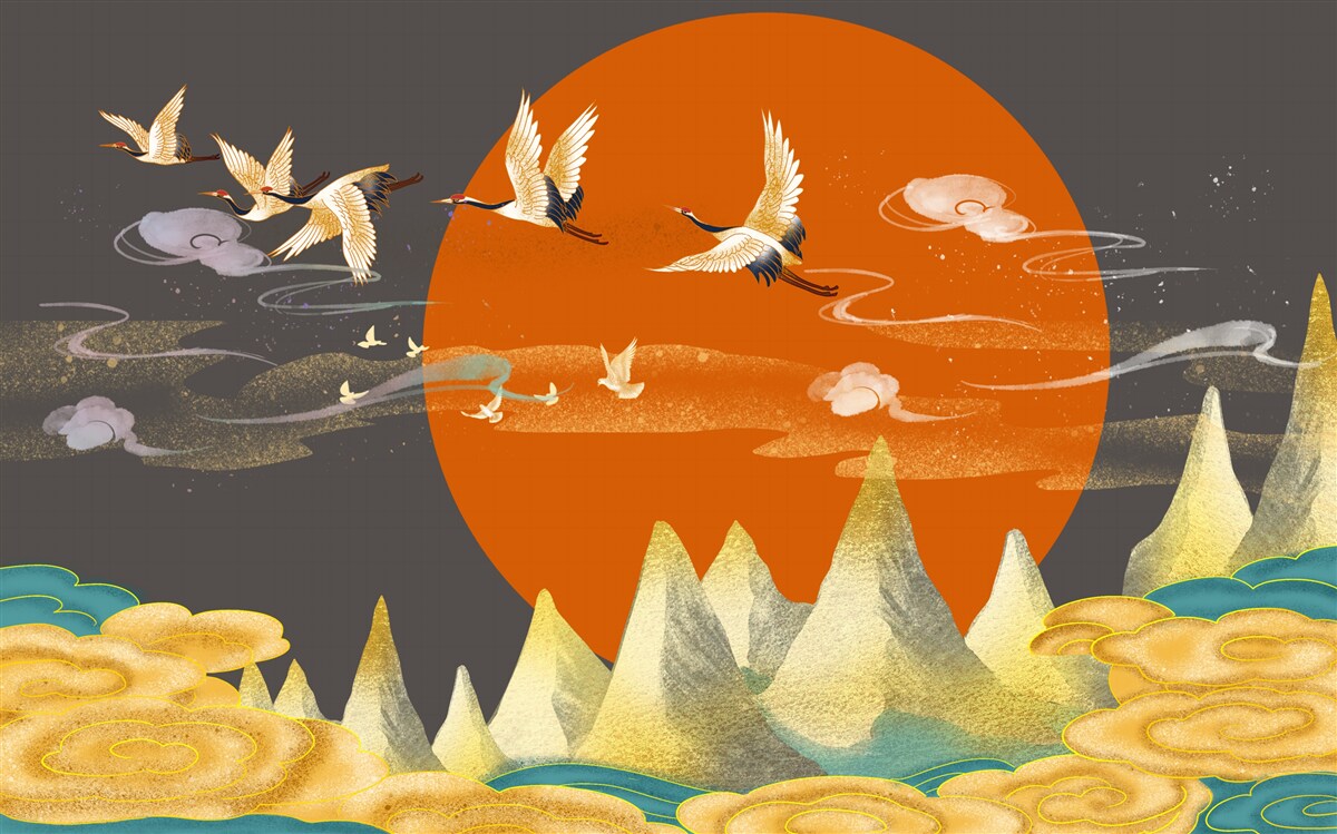 Fotobehang bergtoppen zijn getuige van het vertrek van kraanvogels uit hun huis