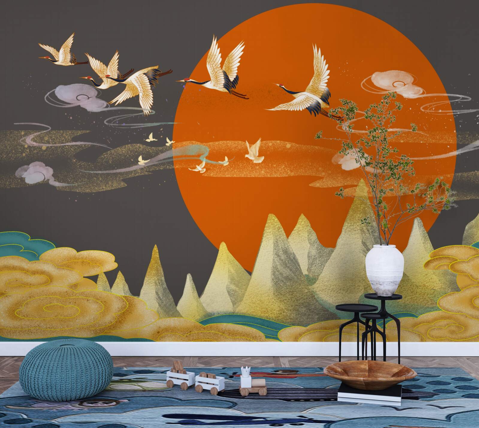 Fotobehang bergtoppen zijn getuige van het vertrek van kraanvogels uit hun huis