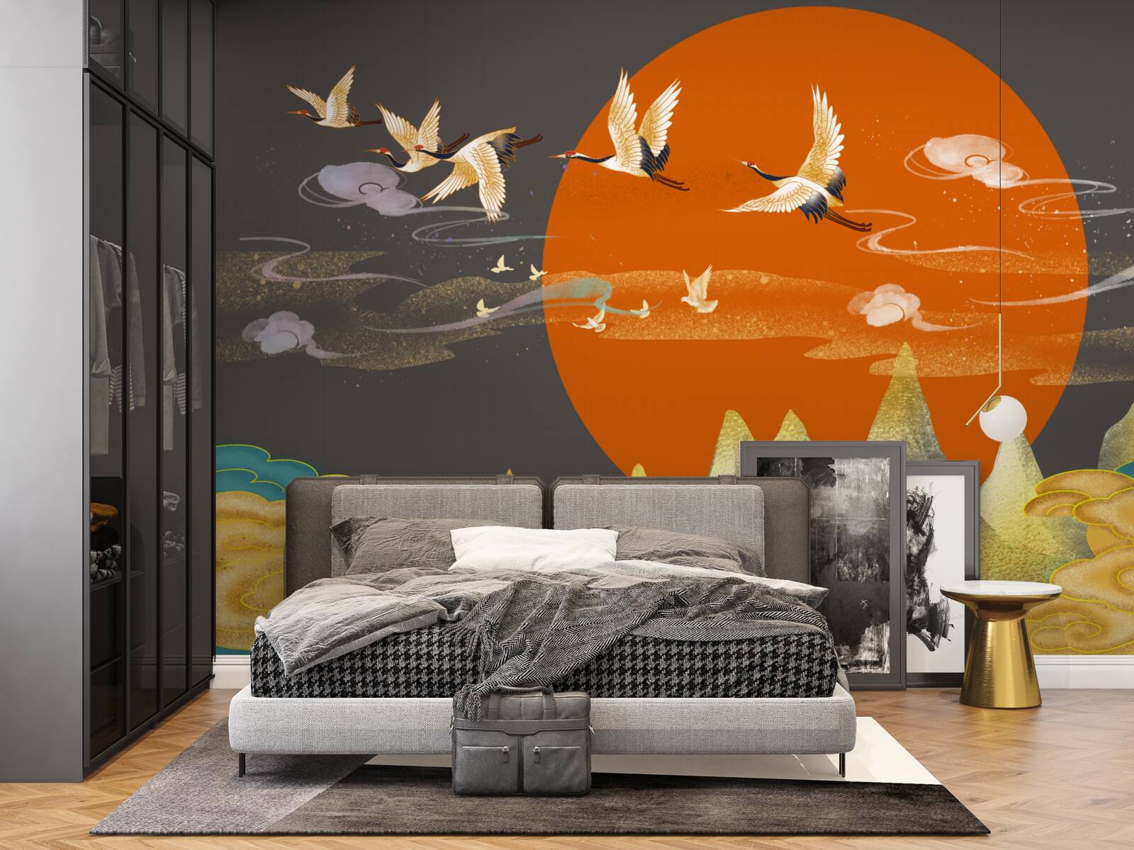 Fotobehang bergtoppen zijn getuige van het vertrek van kraanvogels uit hun huis