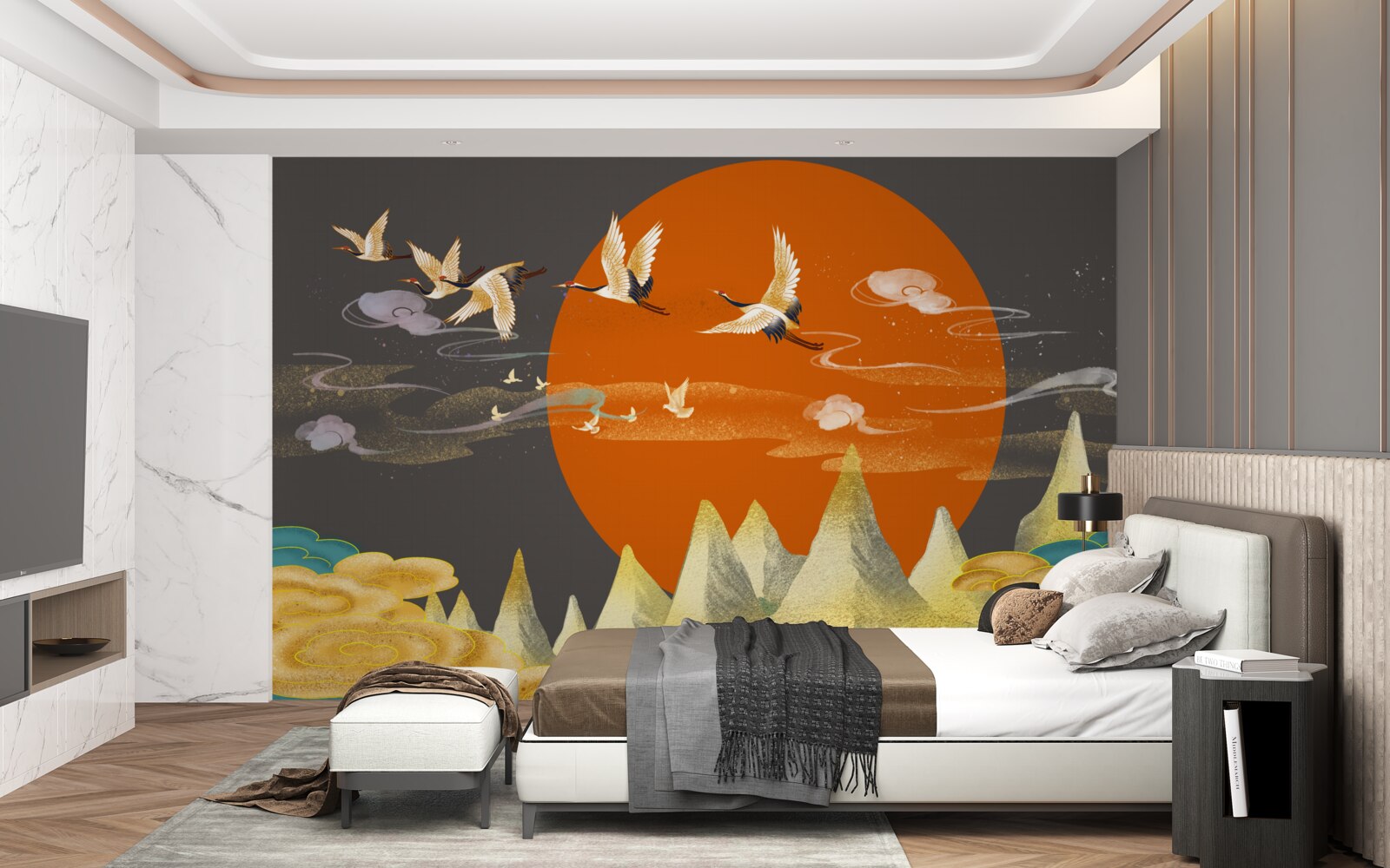 Fotobehang bergtoppen zijn getuige van het vertrek van kraanvogels uit hun huis