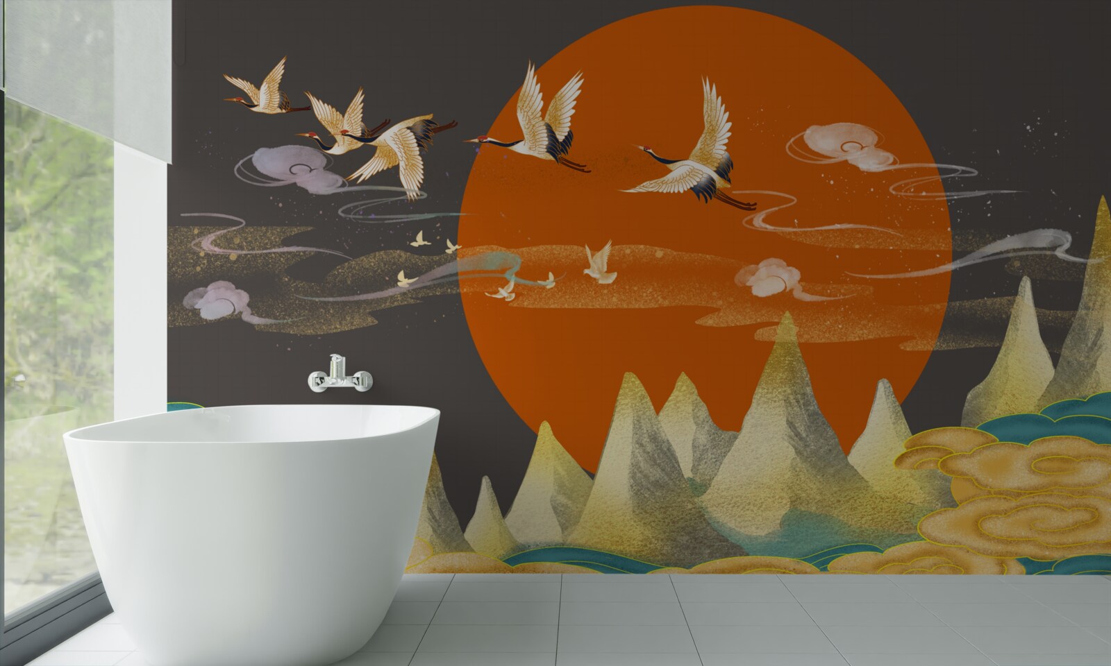 Fotobehang bergtoppen zijn getuige van het vertrek van kraanvogels uit hun huis