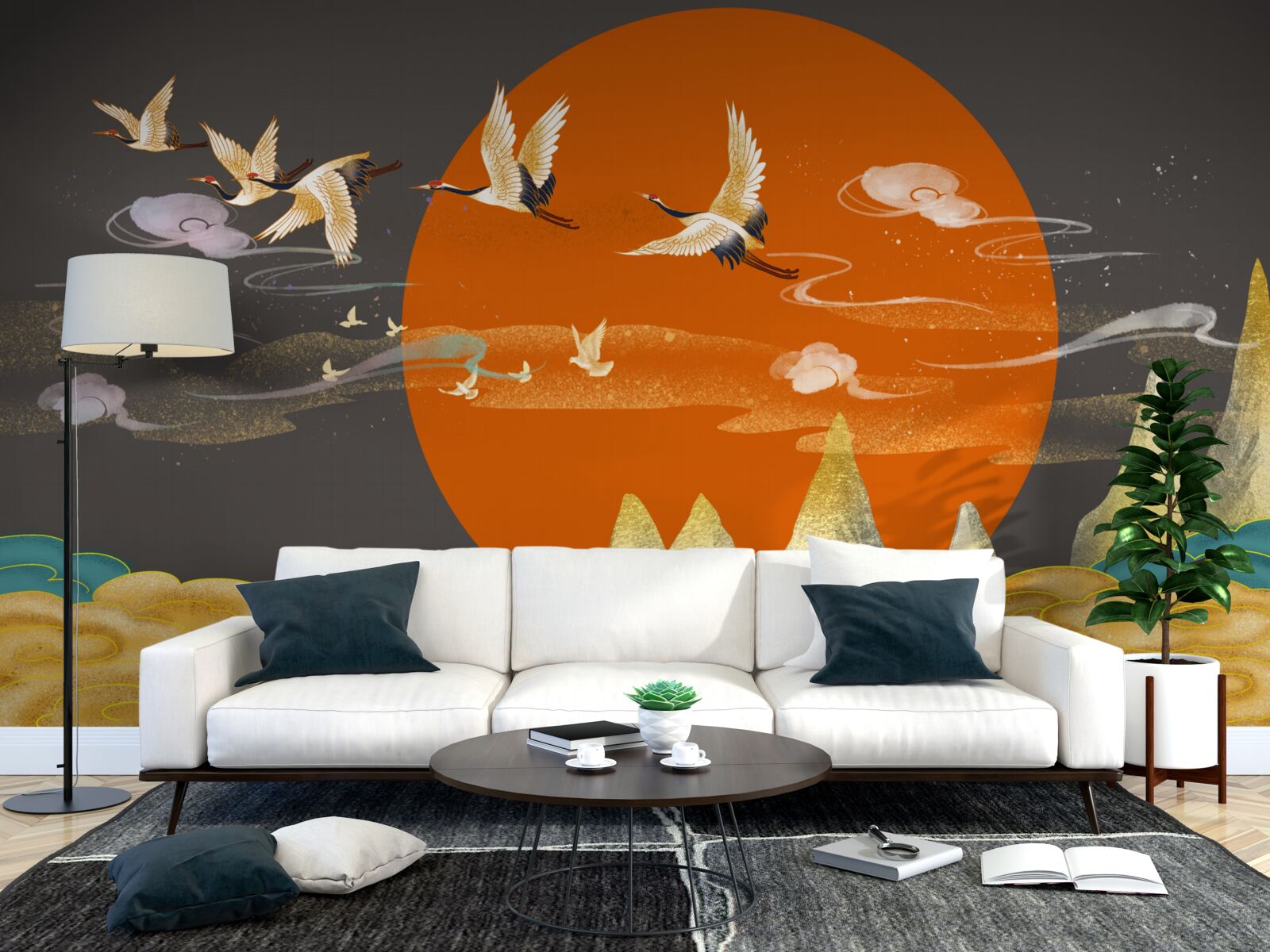 Fotobehang bergtoppen zijn getuige van het vertrek van kraanvogels uit hun huis