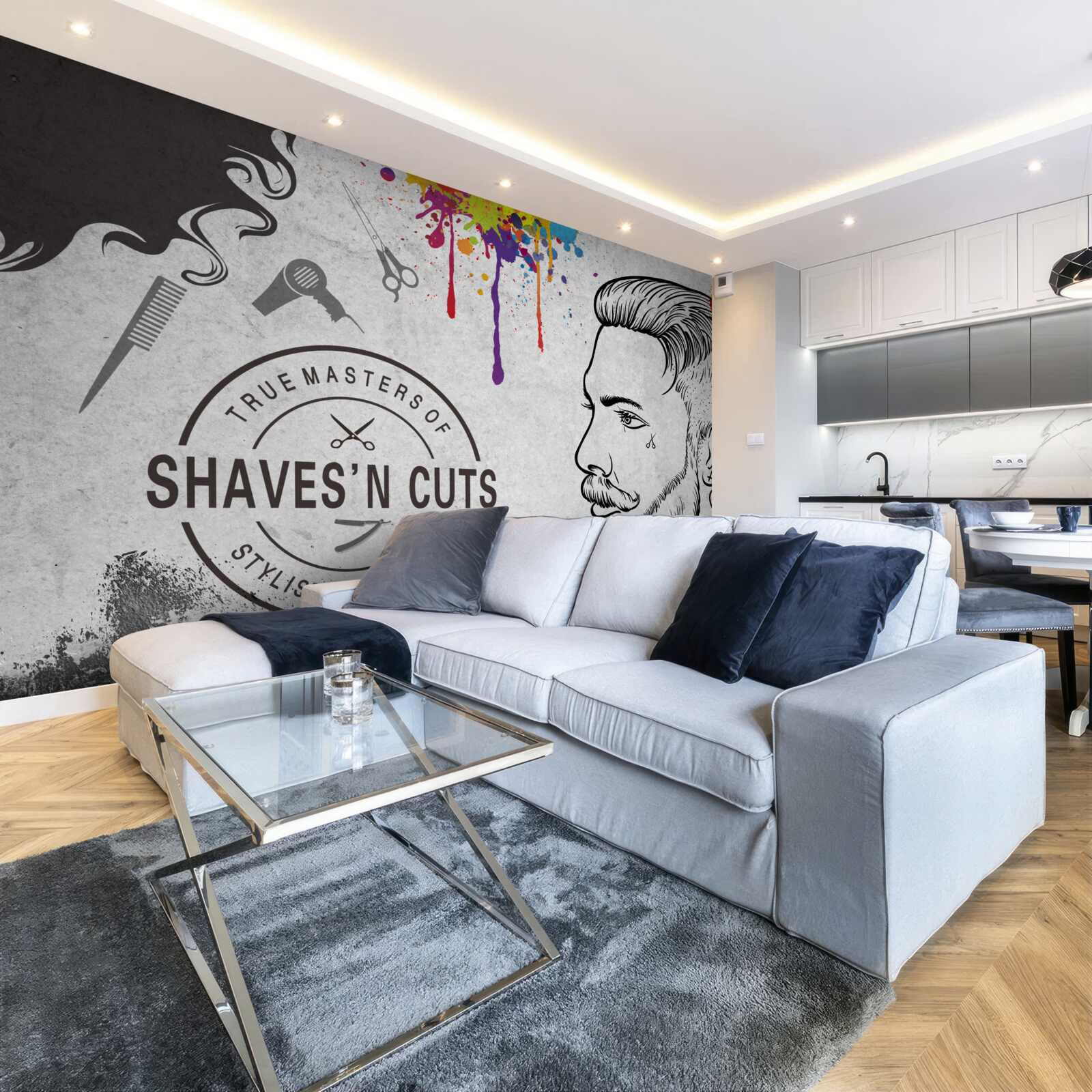 Fotobehang reclame voor een kapsalon aan de muur