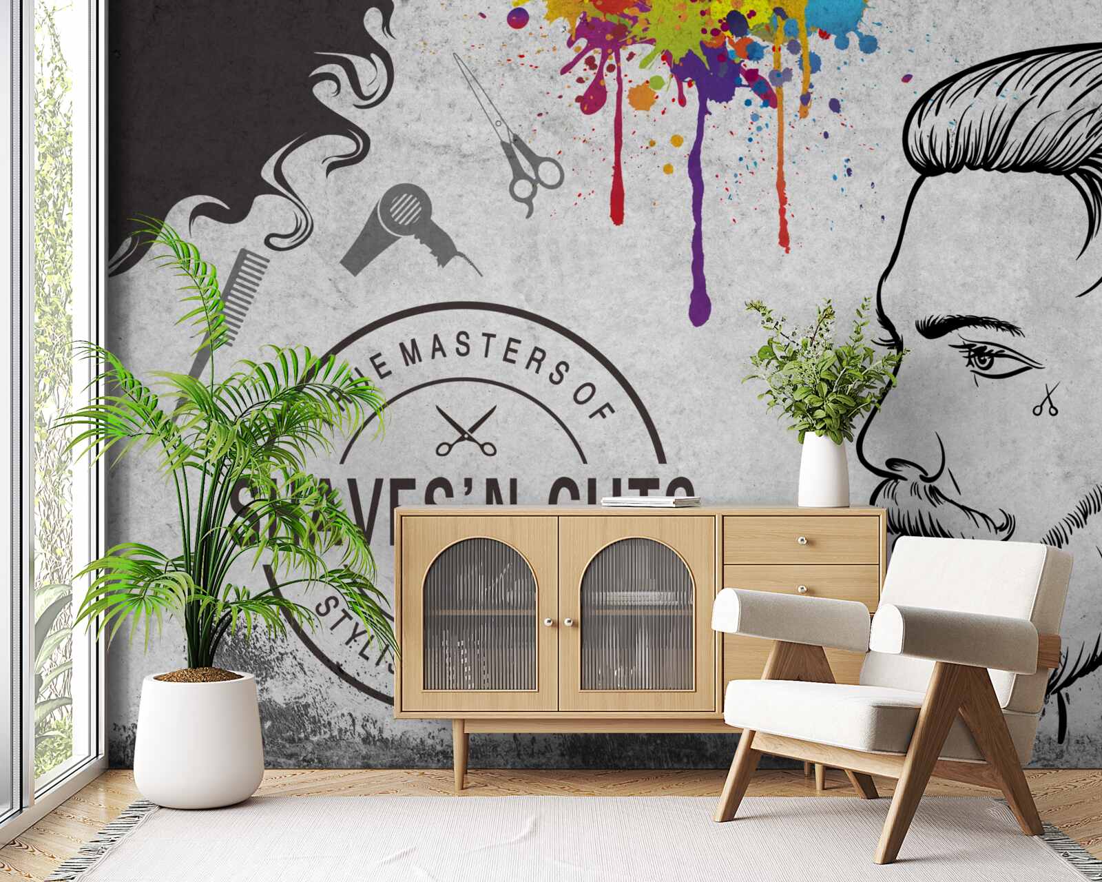 Fotobehang reclame voor een kapsalon aan de muur