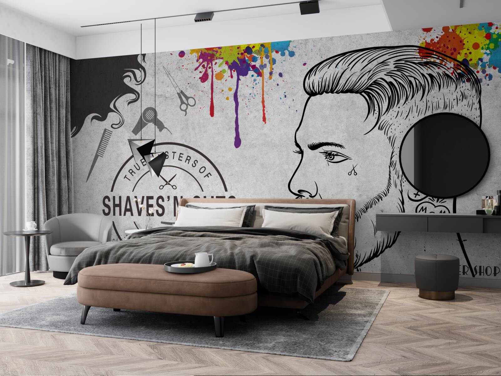 Fotobehang reclame voor een kapsalon aan de muur