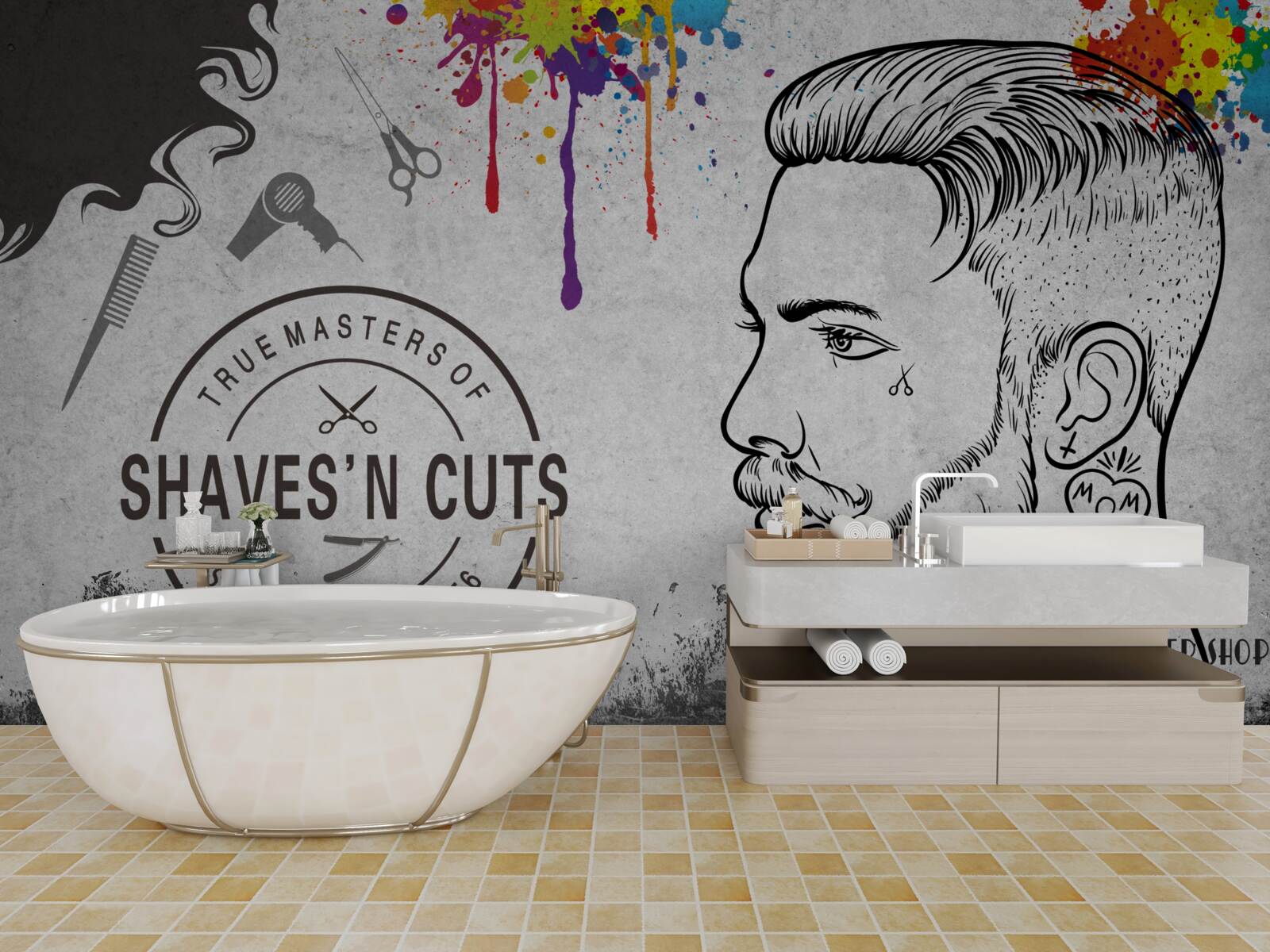 Fotobehang reclame voor een kapsalon aan de muur