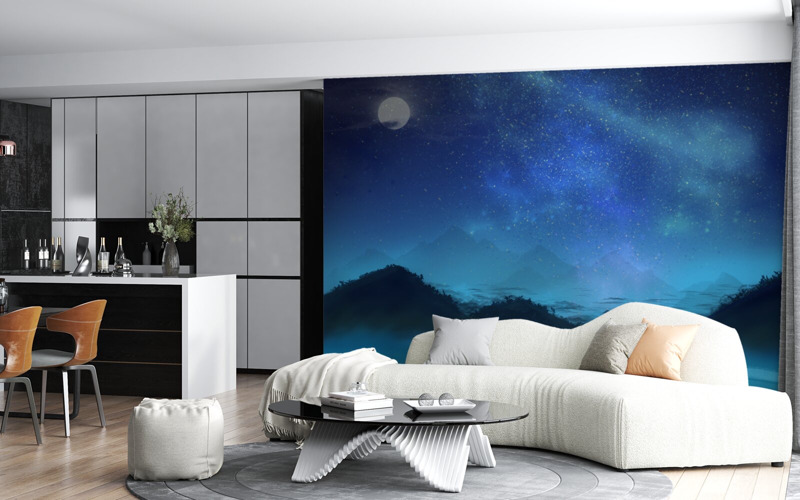 Fotobehang Noorderlicht en sterrenhemel boven bergtoppen