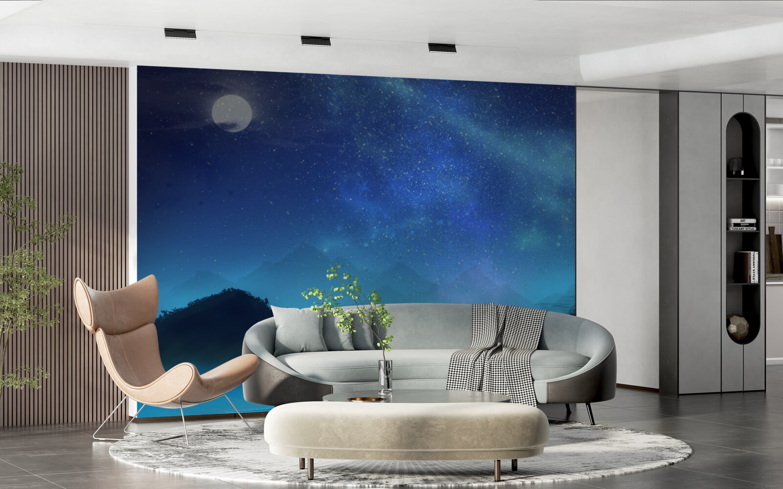 Fotobehang Noorderlicht en sterrenhemel boven bergtoppen