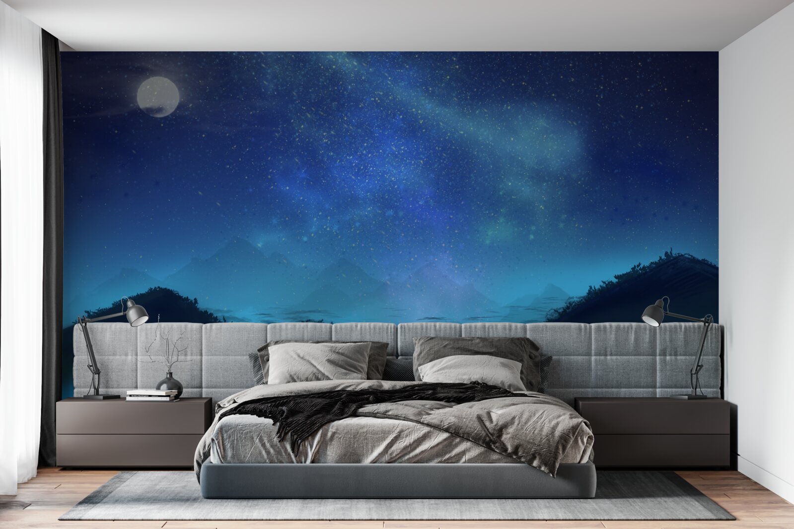 Fotobehang Noorderlicht en sterrenhemel boven bergtoppen